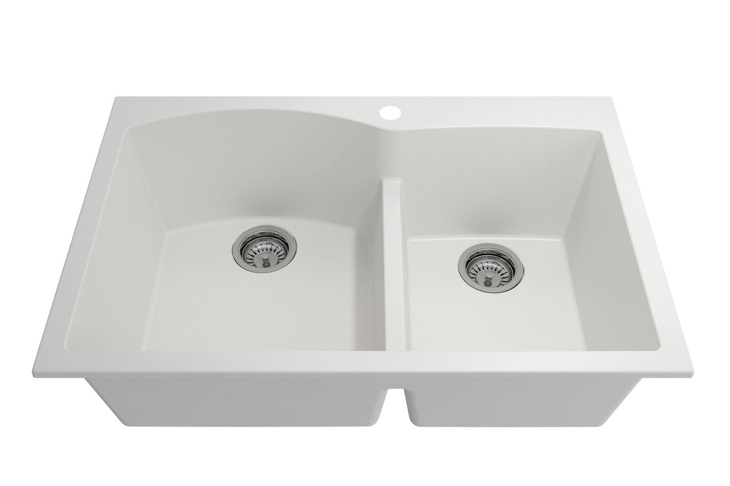 BOCCHI CAMPINO DUO 33" Dual Mount 60/40 Double Bowl Granite Kitchen Sink with Strainers in white top view.