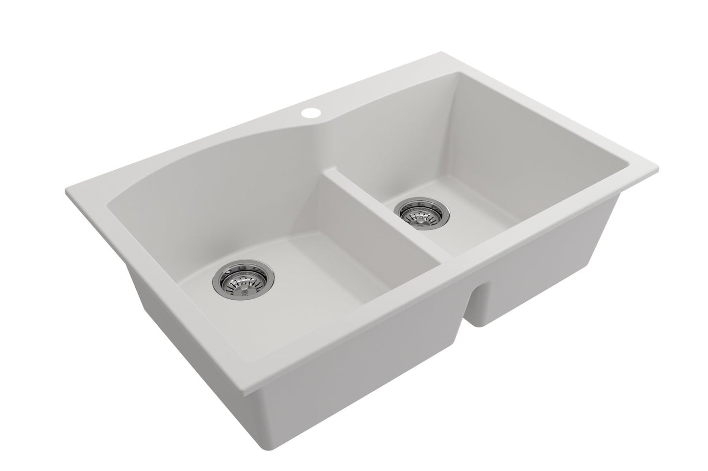 BOCCHI CAMPINO DUO 33" Dual Mount 60/40 Double Bowl Granite Kitchen Sink with Strainers in white finish, top view.
