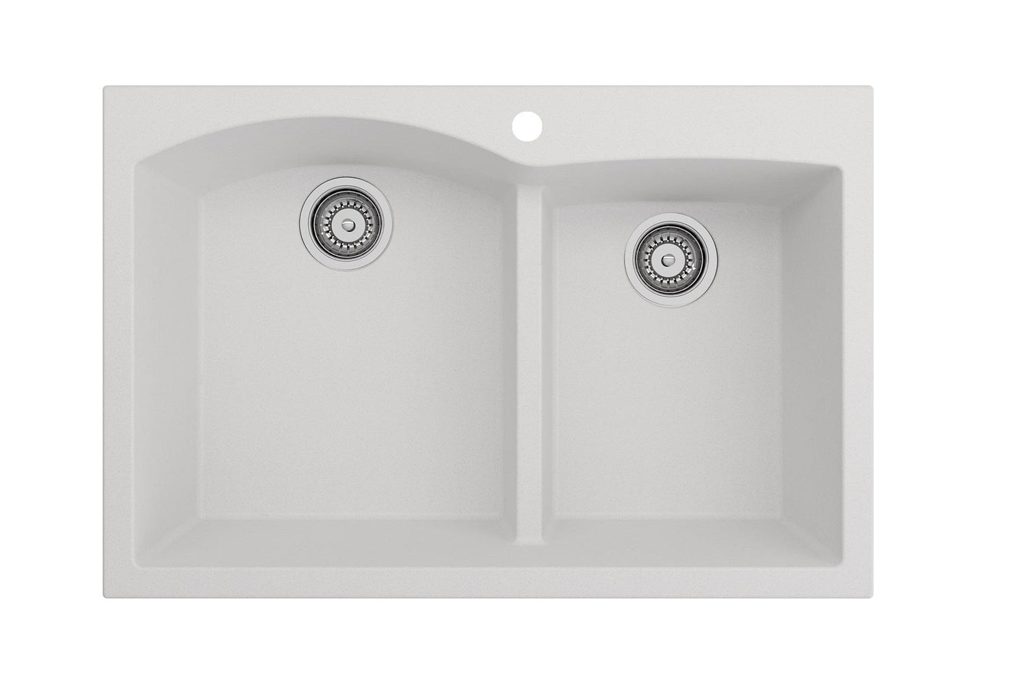 BOCCHI CAMPINO DUO 33" Dual Mount 60/40 Double Bowl Granite Kitchen Sink with Strainers in white top view.