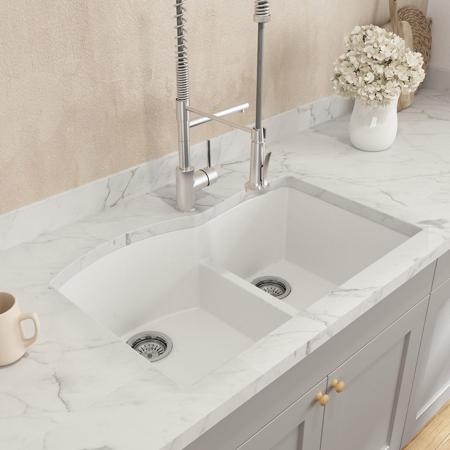 BOCCHI CAMPINO DUO 33" Dual Mount 60/40 Double Bowl Granite Kitchen Sink with Strainers in Milk White color, top view on marble countertop.
