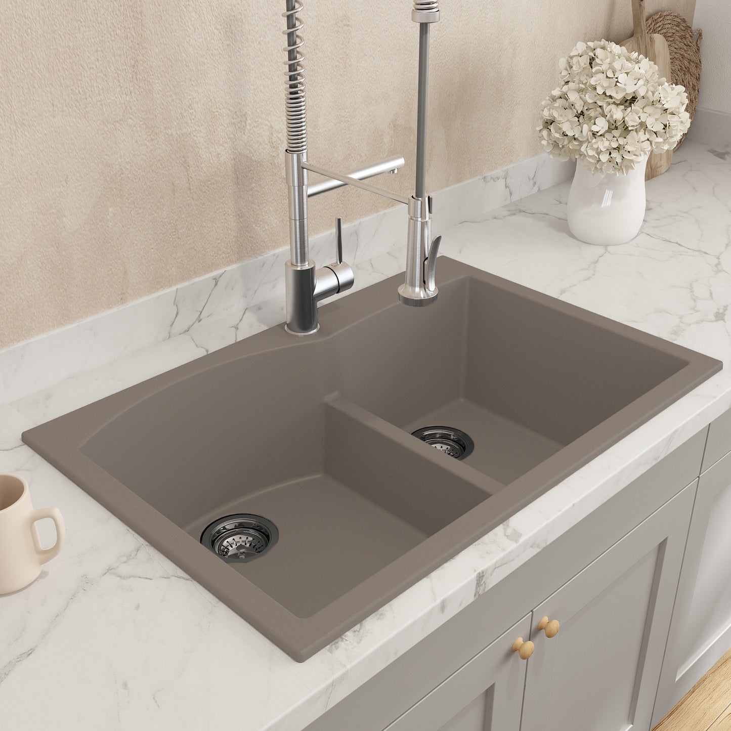BOCCHI CAMPINO DUO 33" Dual Mount 60/40 Double Bowl Granite Kitchen Sink with Strainers in Mink color.
