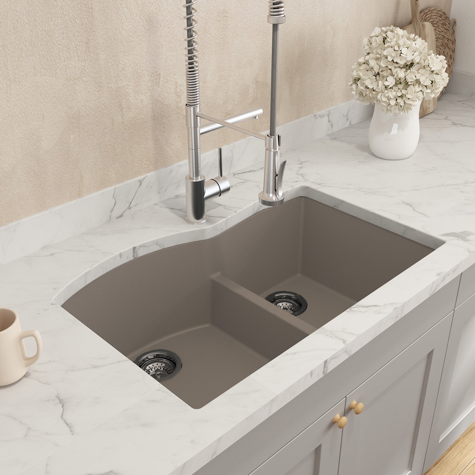 BOCCHI CAMPINO DUO 33" Dual Mount 60/40 Double Bowl Granite Kitchen Sink in Mink with Strainers installed in modern kitchen.