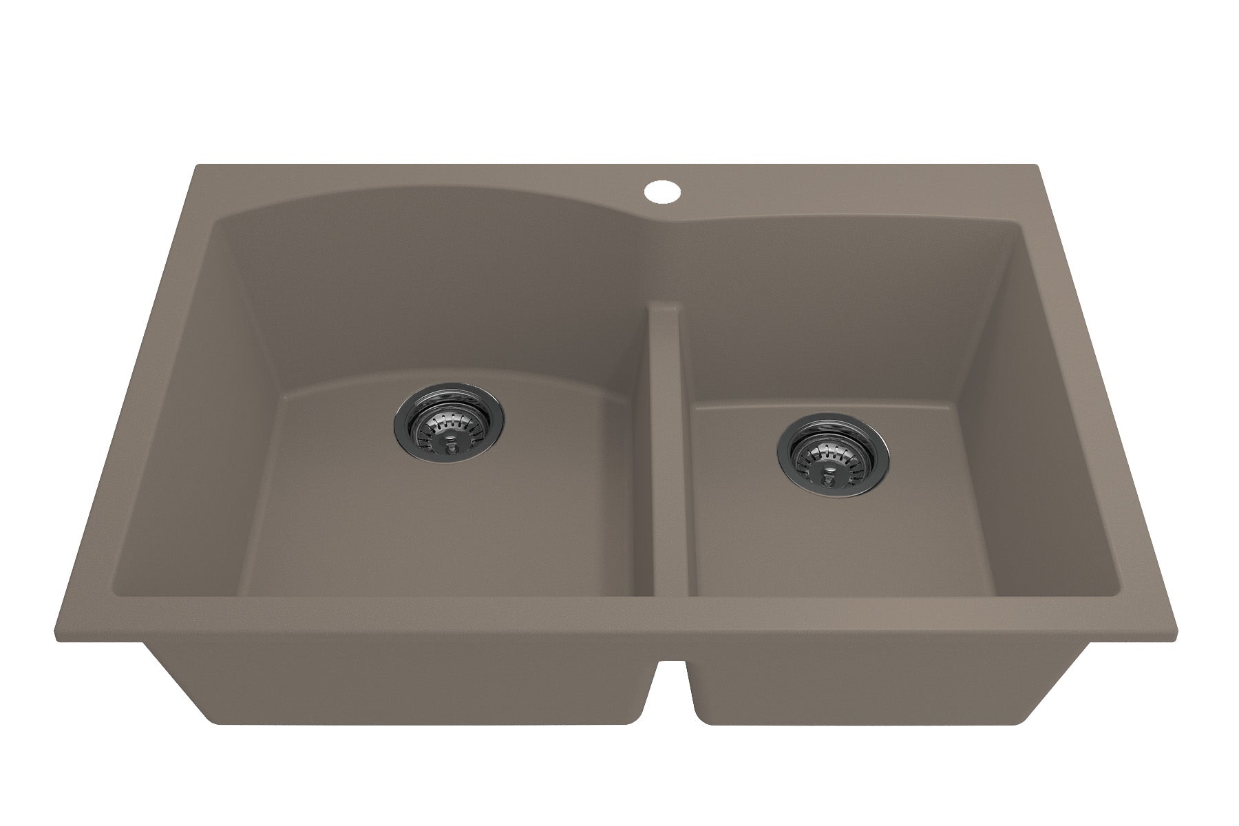BOCCHI CAMPINO DUO 33" Dual Mount 60/40 Double Bowl Granite Kitchen Sink with Strainers in Mink in a modern kitchen setting.