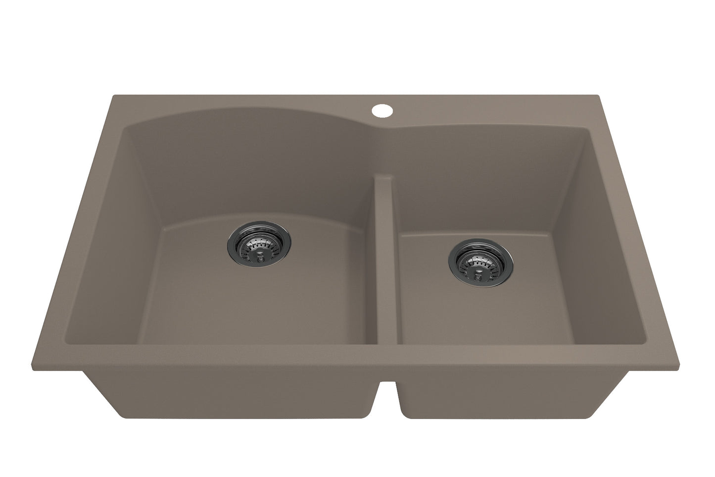 BOCCHI CAMPINO DUO 33" Dual Mount 60/40 Double Bowl Granite Kitchen Sink with Strainers in Mink in a modern kitchen setting.