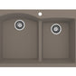 BOCCHI CAMPINO DUO 33" Dual Mount 60/40 Double Bowl Granite Kitchen Sink in Mink with Strainers in a modern kitchen