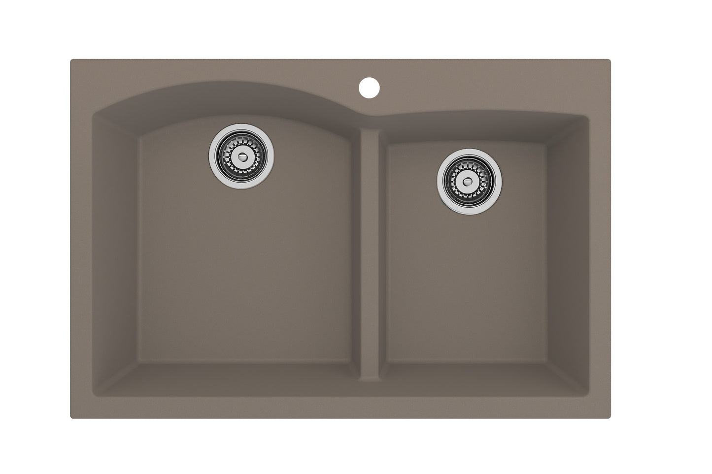 BOCCHI CAMPINO DUO 33" Dual Mount 60/40 Double Bowl Granite Kitchen Sink in Mink with Strainers in a modern kitchen