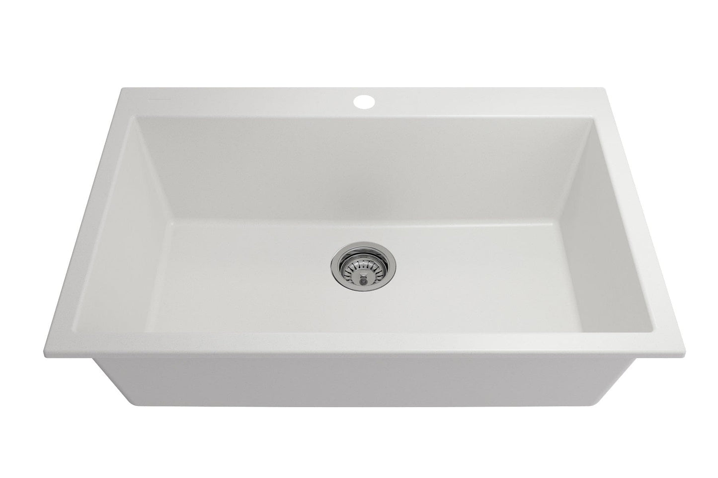 CAMPINO UNO 33" Single Bowl Dual Mount Granite Kitchen Sink with Strainer in a sleek white design.