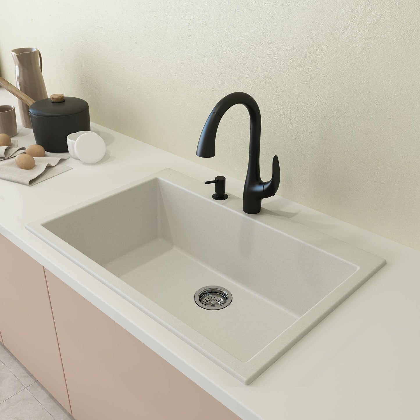 CAMPINO UNO 33" Single Bowl Dual Mount Granite Kitchen Sink with Strainer in a modern kitchen setting.