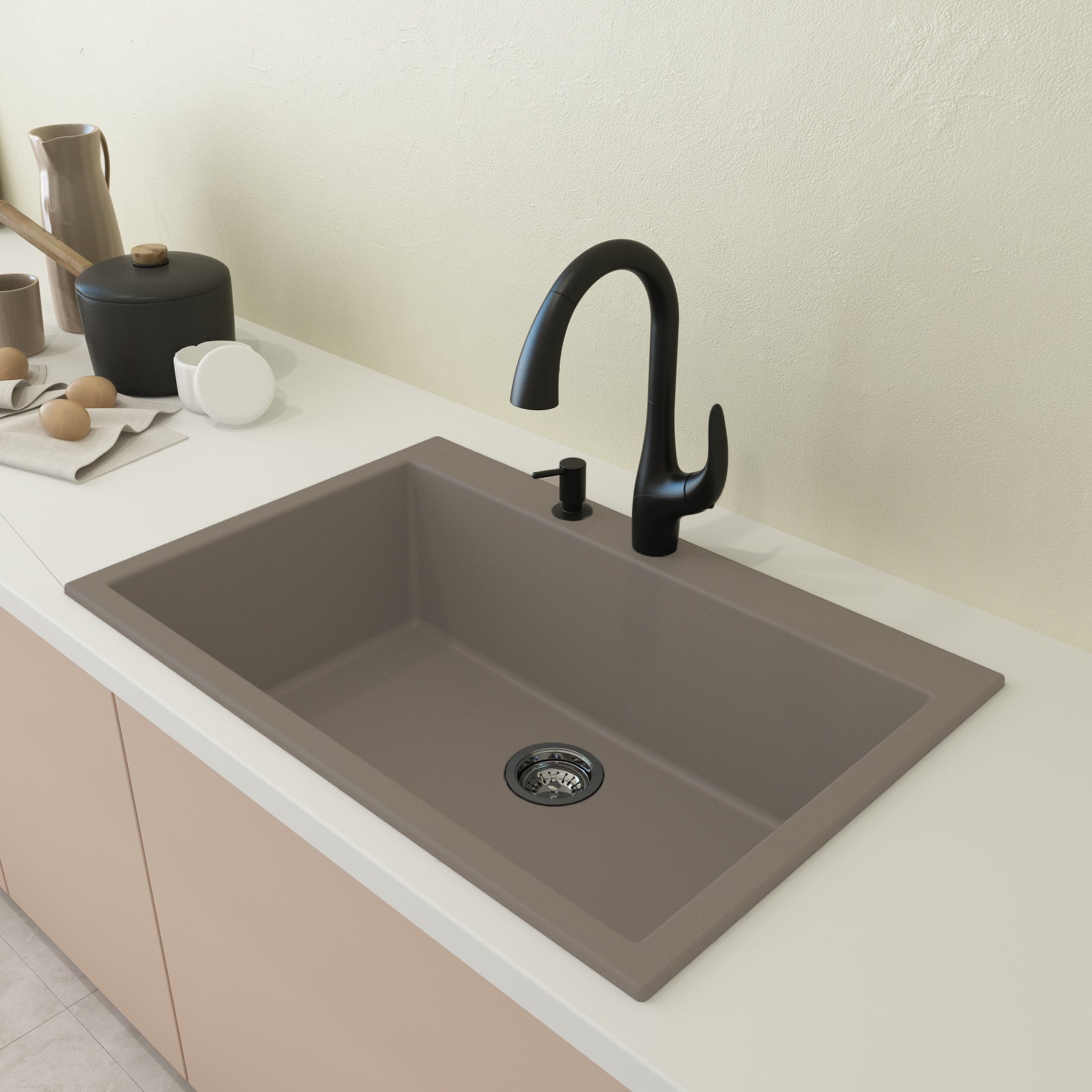 CAMPINO UNO 33" Single Bowl Dual Mount Granite Kitchen Sink with Strainer in Mink color, showing front view installation.