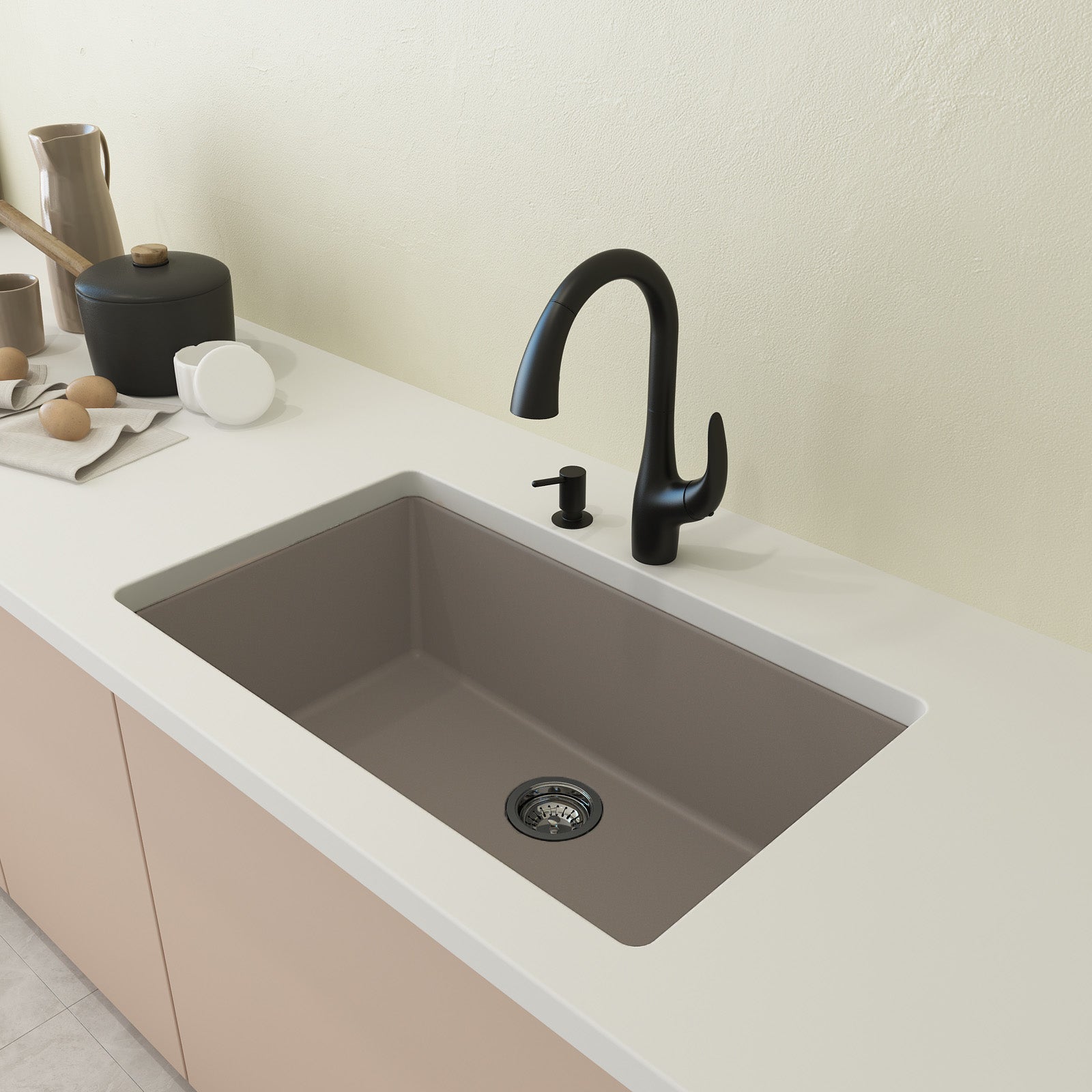 CAMPINO UNO 33" Single Bowl Dual Mount Granite Kitchen Sink with Strainer in Mink color, showcasing the top view on a modern countertop.