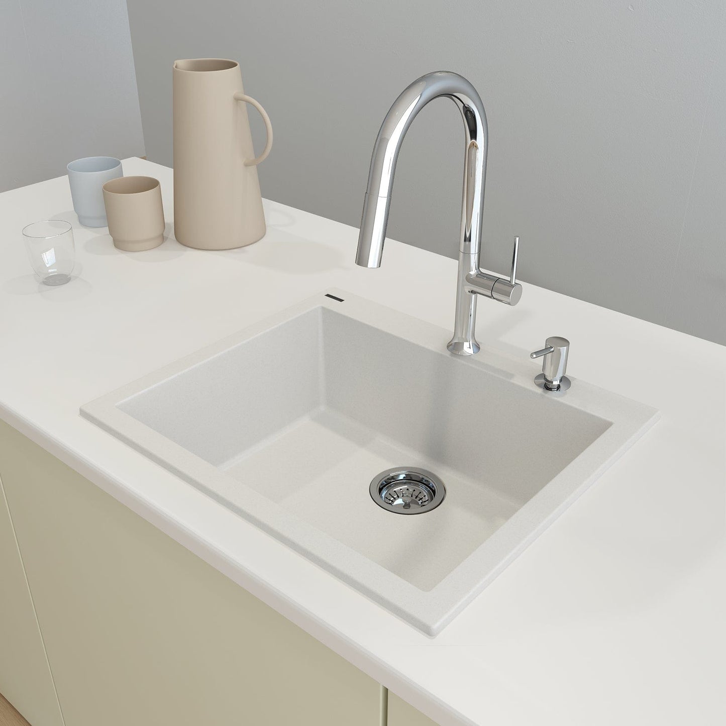 CAMPINO UNO 24" Single Bowl Dual Mount Granite Kitchen Sink with Strainer in Milk White, top view showcasing modern faucet and sleek design.