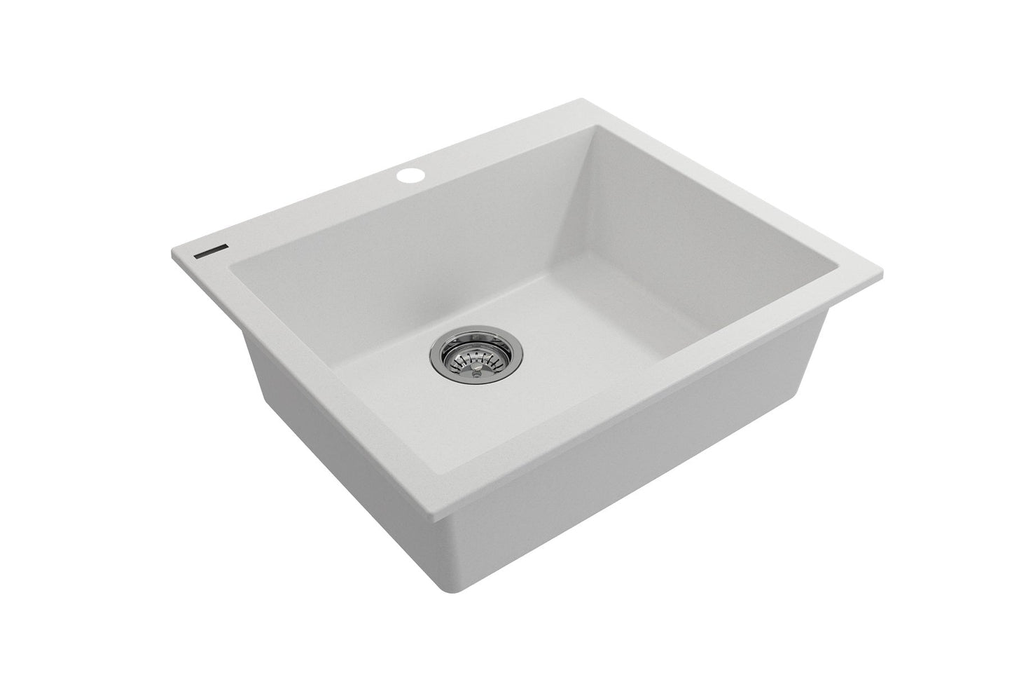 CAMPINO UNO 24" Single Bowl Dual Mount Granite Kitchen Sink with Strainer, white finish, top down view showcasing strainer.