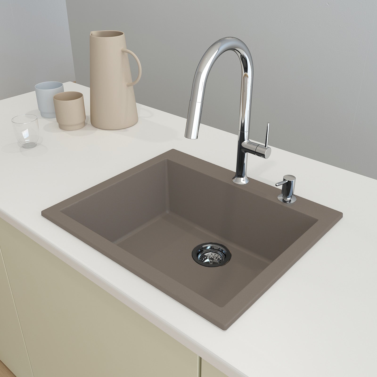 CAMPINO UNO 24" Single Bowl Dual Mount Granite Kitchen Sink with Strainer in Mink color, lifestyle view showing faucet and strainer.