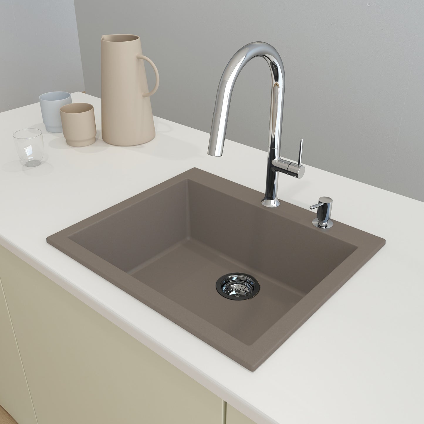 CAMPINO UNO 24" Single Bowl Dual Mount Granite Kitchen Sink with Strainer in Mink color, lifestyle view showing faucet and strainer.