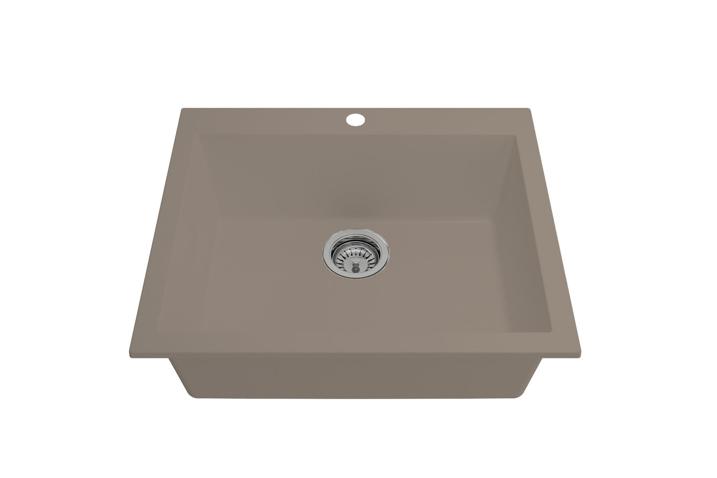 CAMPINO UNO 24" Single Bowl Dual Mount Granite Kitchen Sink with Strainer front perspective view in Mink color.