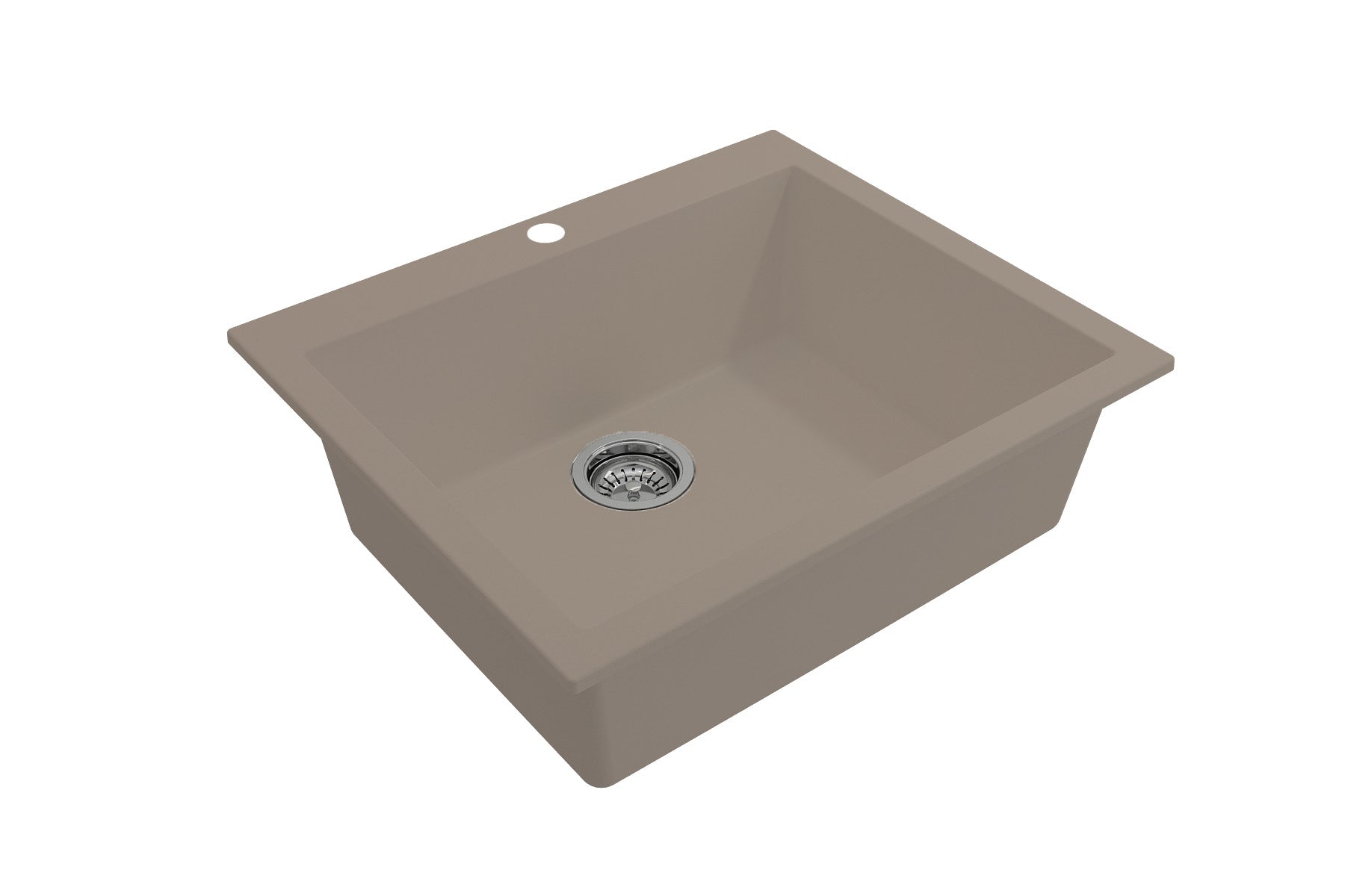 CAMPINO UNO 24" Single Bowl Dual Mount Granite Kitchen Sink with Strainer perspective view in Mink color.