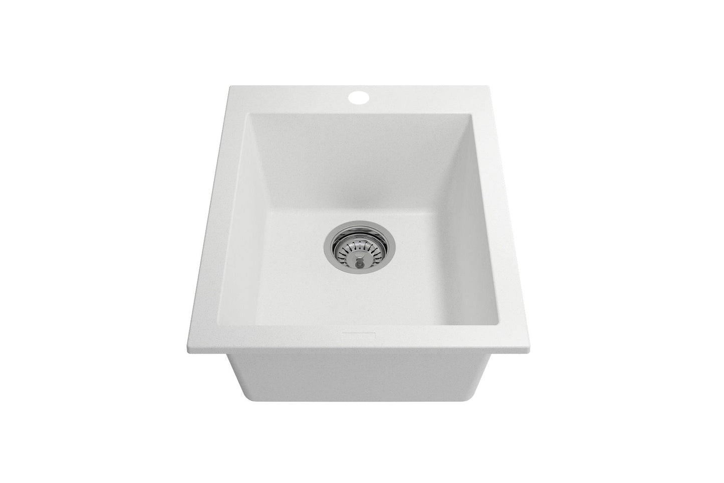 CAMPINO UNO 16" Single Bowl Dual Mount Granite Bar Sink with Strainer top view in sleek white finish.