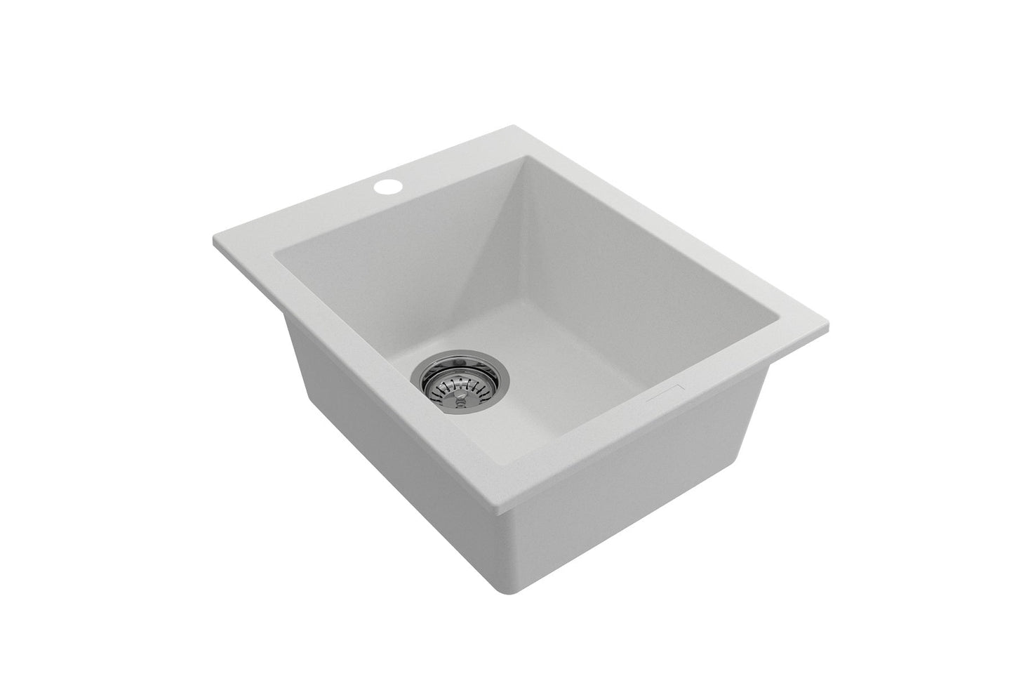 CAMPINO UNO 16" Single Bowl Dual Mount Granite Bar Sink with Strainer in sleek white finish, top view with strainer.