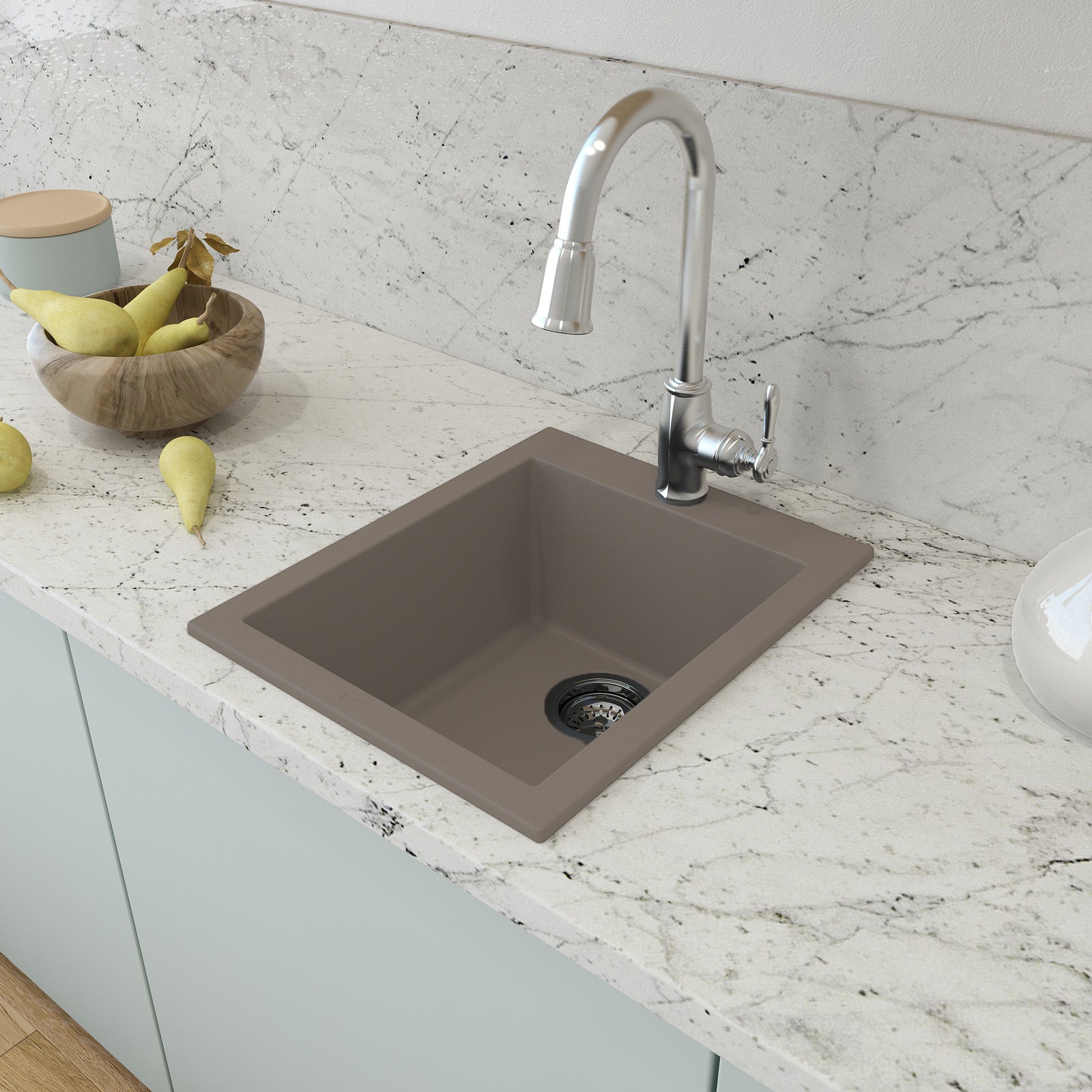 CAMPINO UNO 16" Single Bowl Dual Mount Granite Bar Sink with Strainer in Mink color on kitchen countertop with faucet.