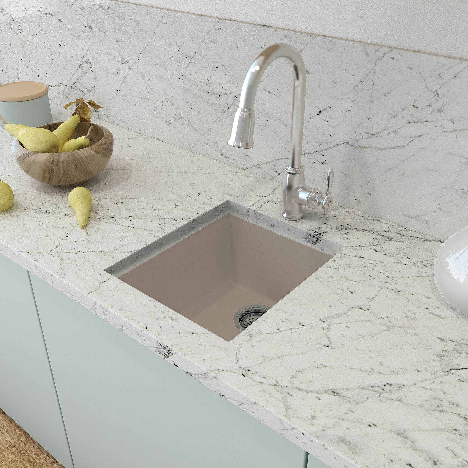 CAMPINO UNO 16" Single Bowl Dual Mount Granite Bar Sink with Strainer on marble countertop with faucet and fruit bowl.