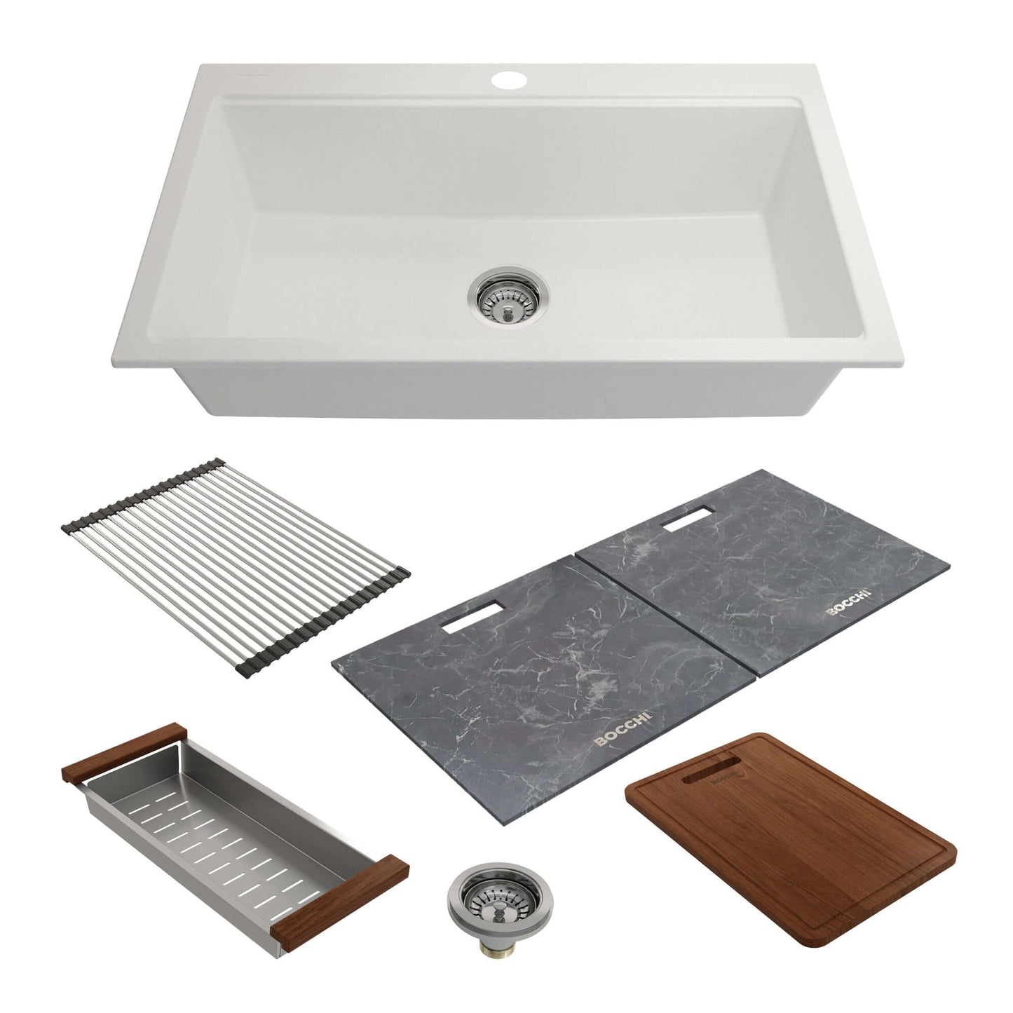 BOCCHI BAVENO LUX 34" Dual-Mount Single Bowl Granite Composite Kitchen Sink with Integrated Workstation and Accessories with Covers in Milk White