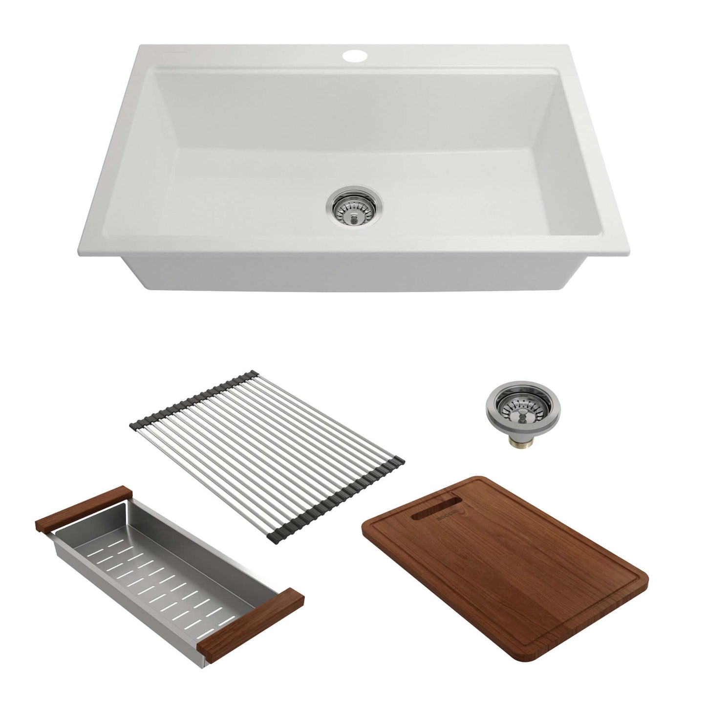 BOCCHI BAVENO LUX 34" Dual-Mount Single Bowl Granite Composite Kitchen Sink with Integrated Workstation and Accessories in white
