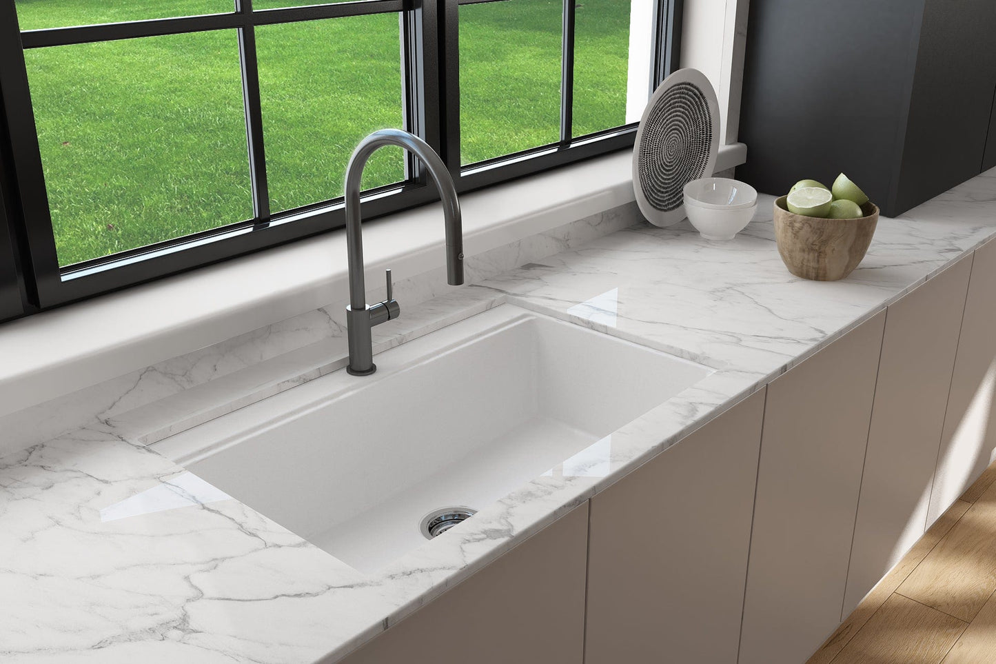 BOCCHI BAVENO LUX 34" Dual-Mount Single Bowl Granite Composite Kitchen Sink with Integrated Workstation and Accessories in white finish.