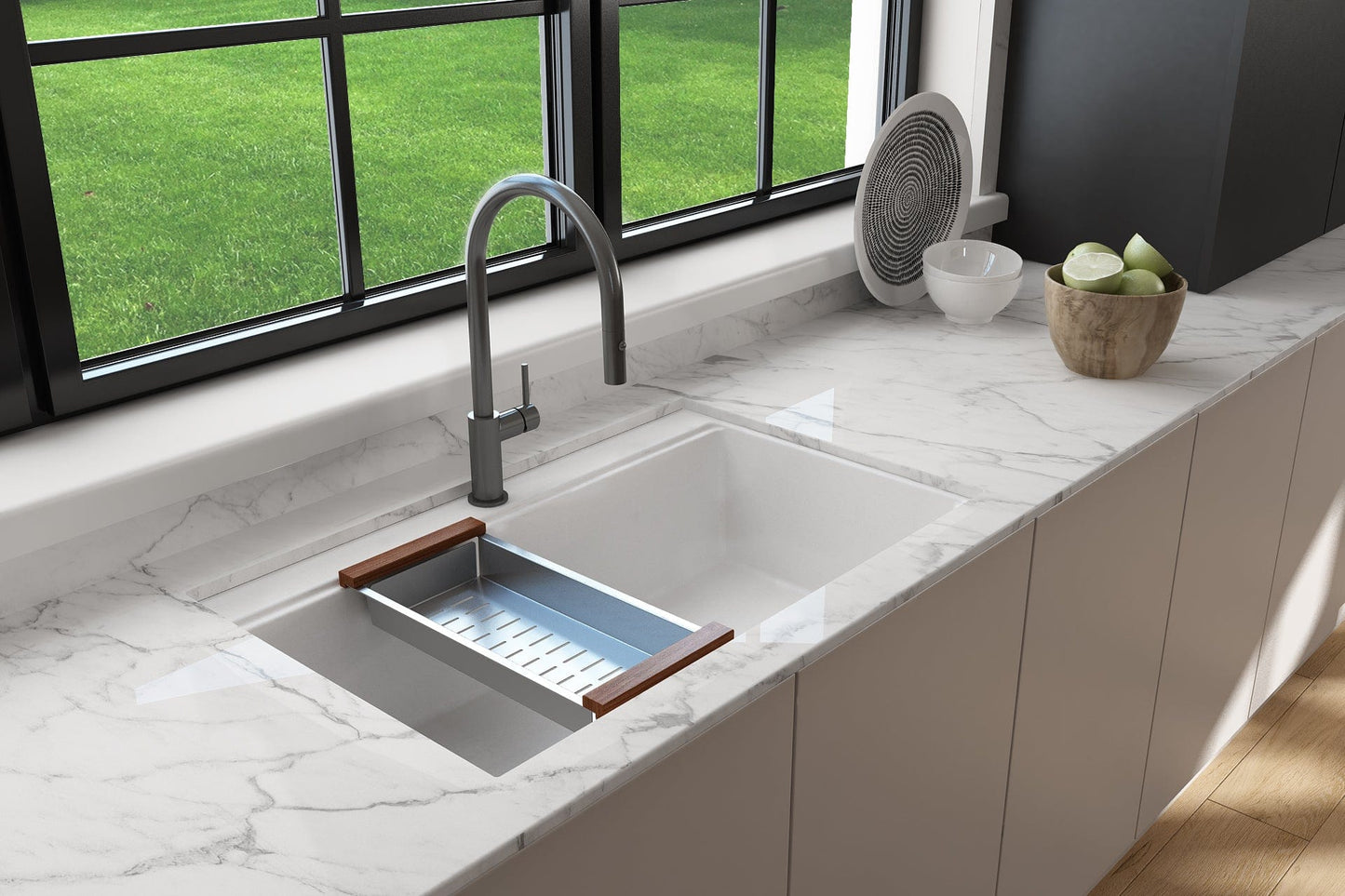 BOCCHI BAVENO LUX 34" Dual-Mount Single Bowl Granite Composite Kitchen Sink with Integrated Workstation in a modern kitchen setup.