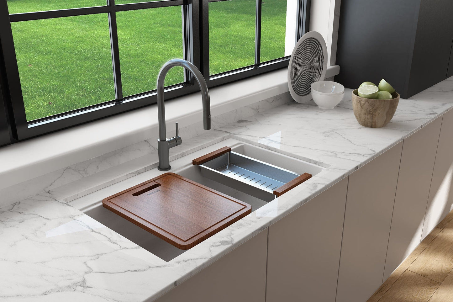 BOCCHI BAVENO LUX 34" Dual-Mount Single Bowl Granite Composite Kitchen Sink with Integrated Workstation and Accessories in Milk White.