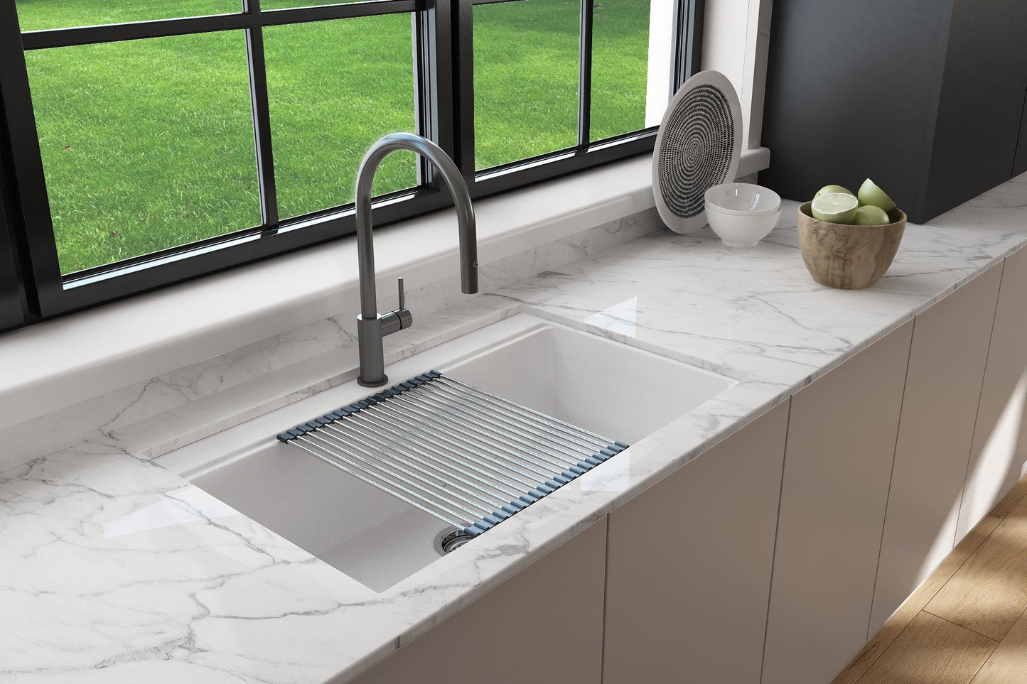 BOCCHI BAVENO LUX 34" Dual-Mount Single Bowl Granite Composite Kitchen Sink with Integrated Workstation and Accessories in kitchen setting with faucet.