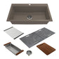 BOCCHI BAVENO LUX 34" Dual-Mount Single Bowl Granite Composite Kitchen Sink in Mink showing included accessories and fitted covers.
