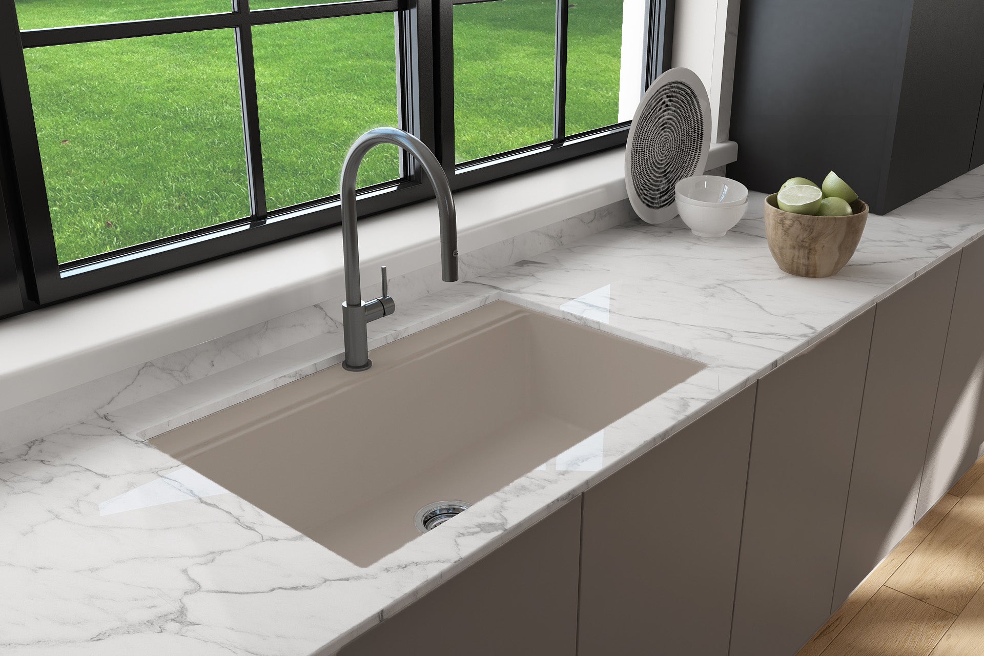 BOCCHI BAVENO LUX 34" Dual-Mount Single Bowl Granite Composite Kitchen Sink in Mink - lifestyle image with still life