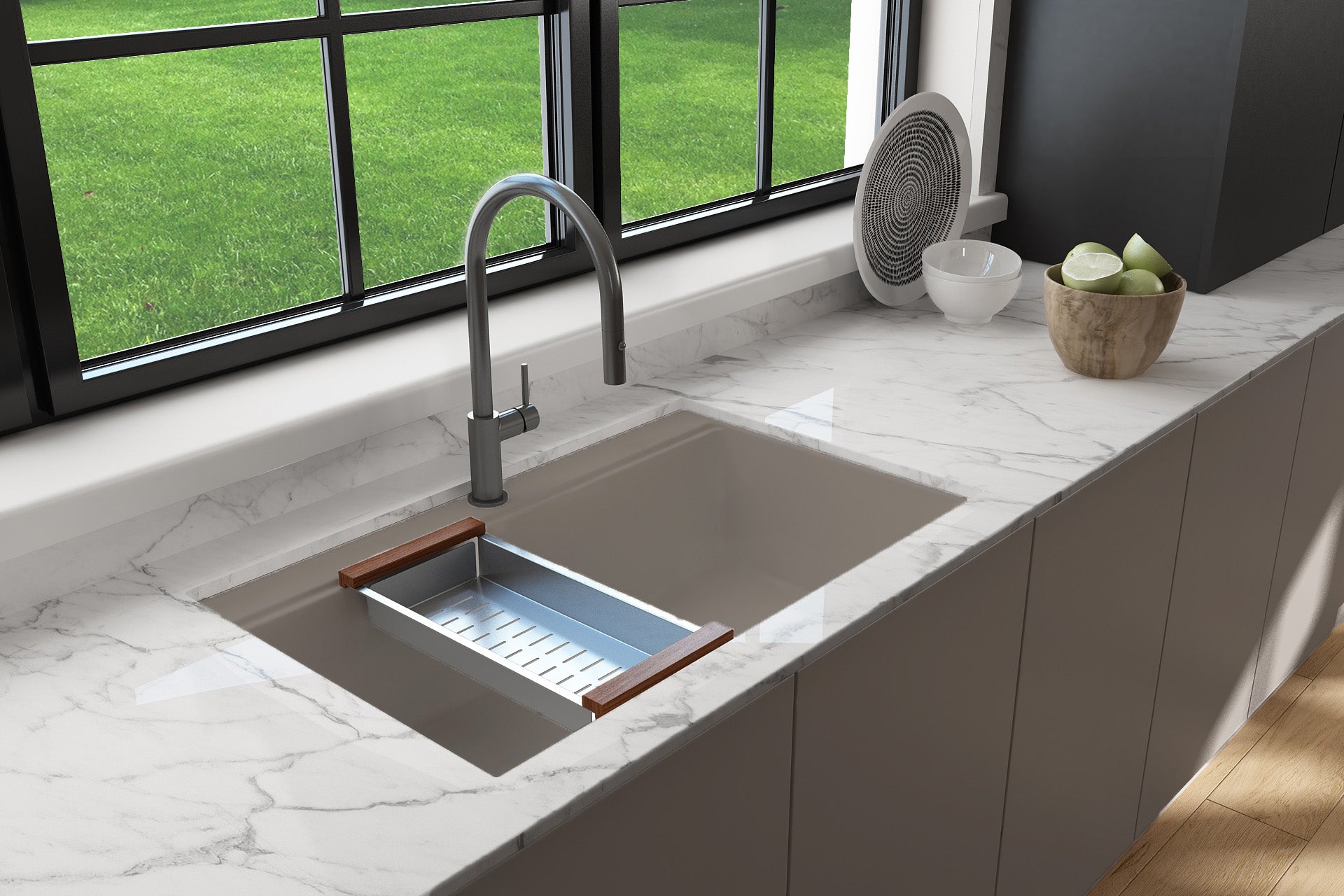 BOCCHI BAVENO LUX 34" Dual-Mount Single Bowl Granite Composite Kitchen Sink installation showing colander accessory in Mink color
