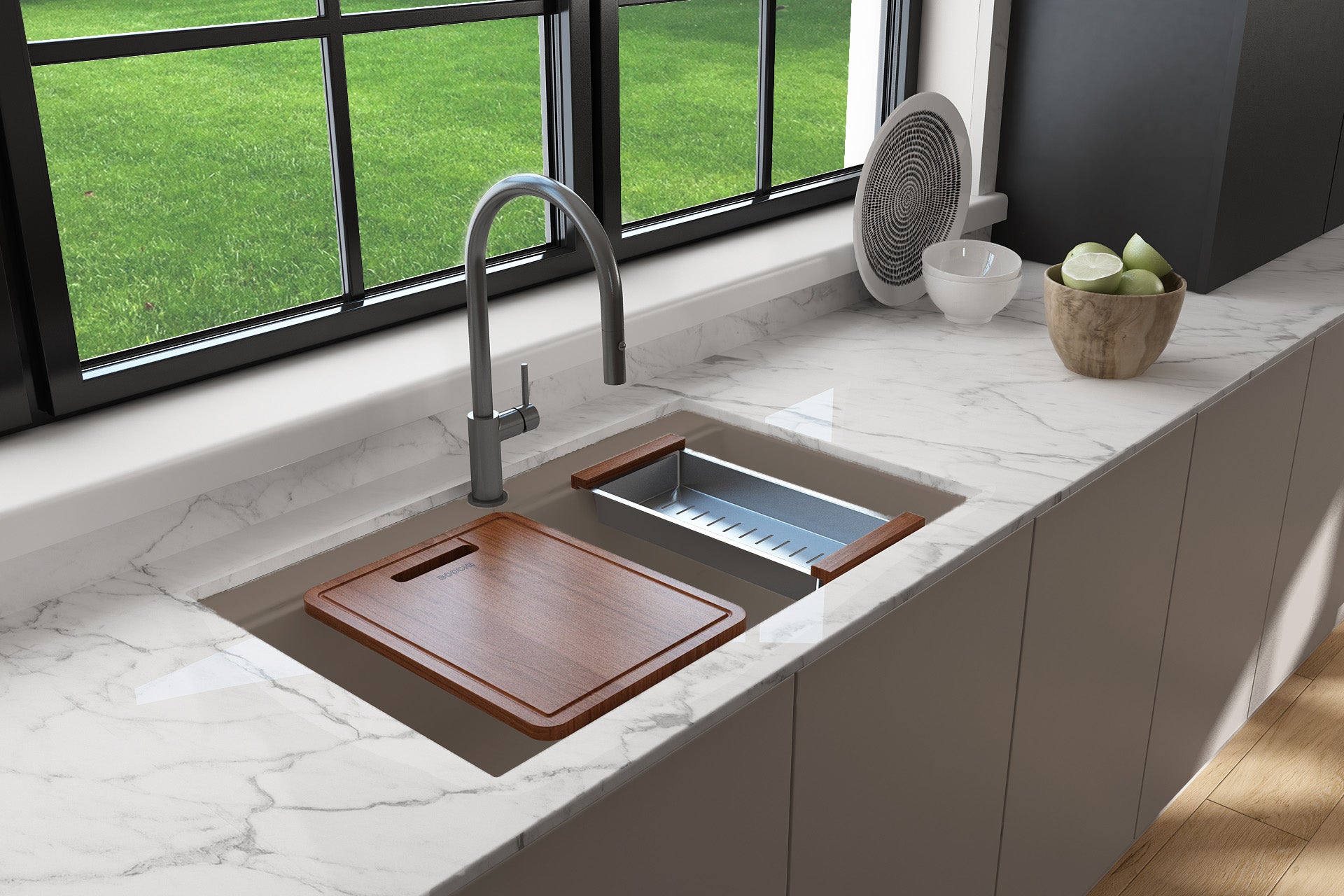 BOCCHI BAVENO LUX 34" Dual-Mount Single Bowl Granite Composite Kitchen Sink with Integrated Workstation and Accessories in Mink color showing included colander and cutting board.