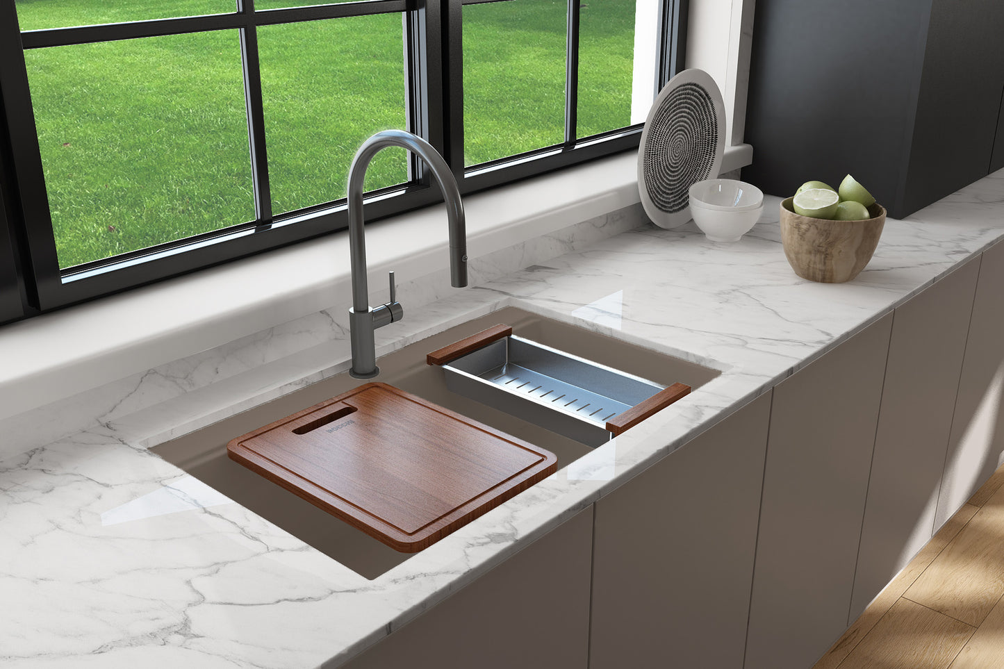 BOCCHI BAVENO LUX 34" Dual-Mount Single Bowl Granite Composite Kitchen Sink with Integrated Workstation and Accessories in Mink color showing included colander and cutting board.