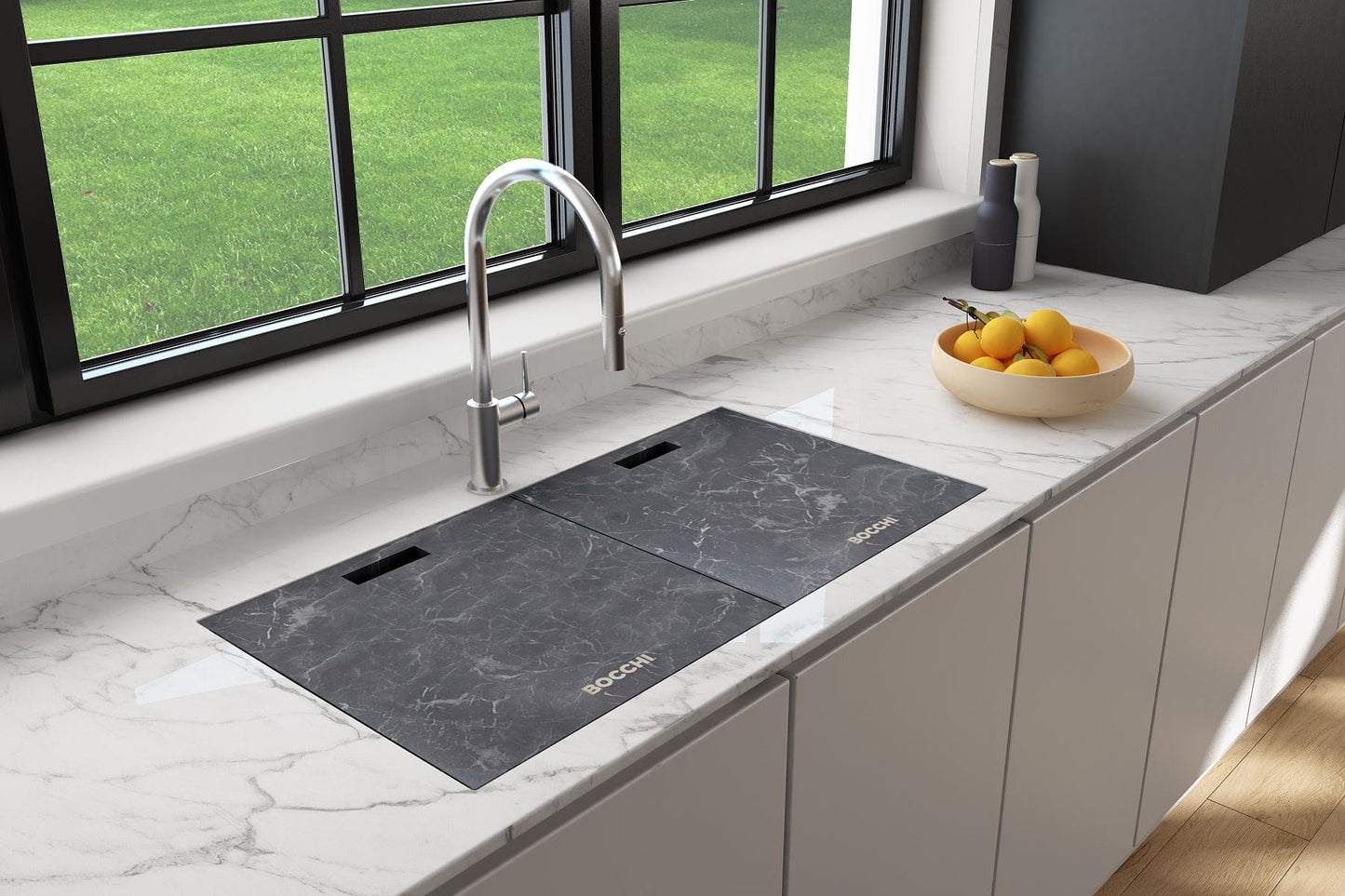 BOCCHI BAVENO LUX 34" Double Bowl Granite Composite Kitchen Sink with Integrated Workstation and Accessories with Covers in black finish