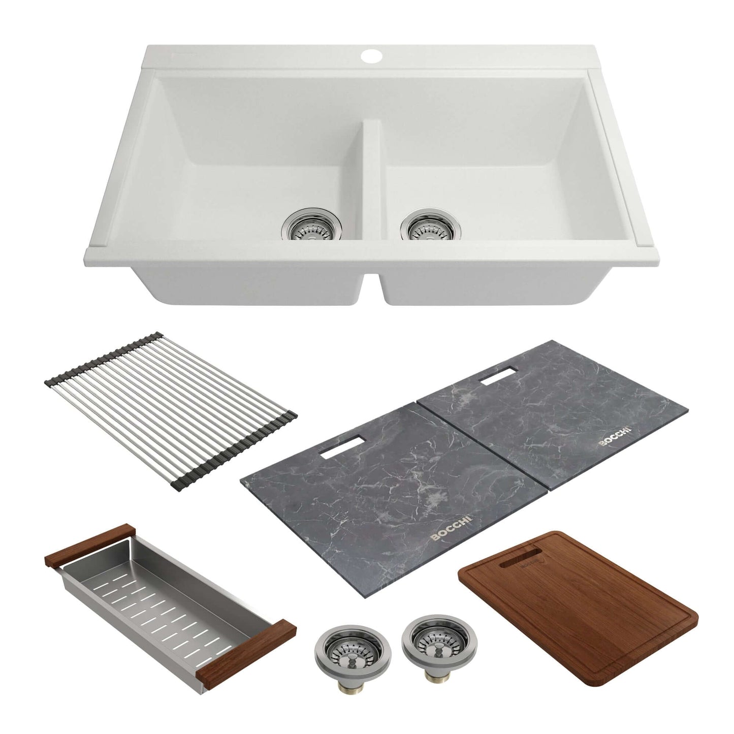 BOCCHI BAVENO LUX 34" Double Bowl Granite Composite Kitchen Sink with Integrated Workstation and Accessories with Covers in Milk White