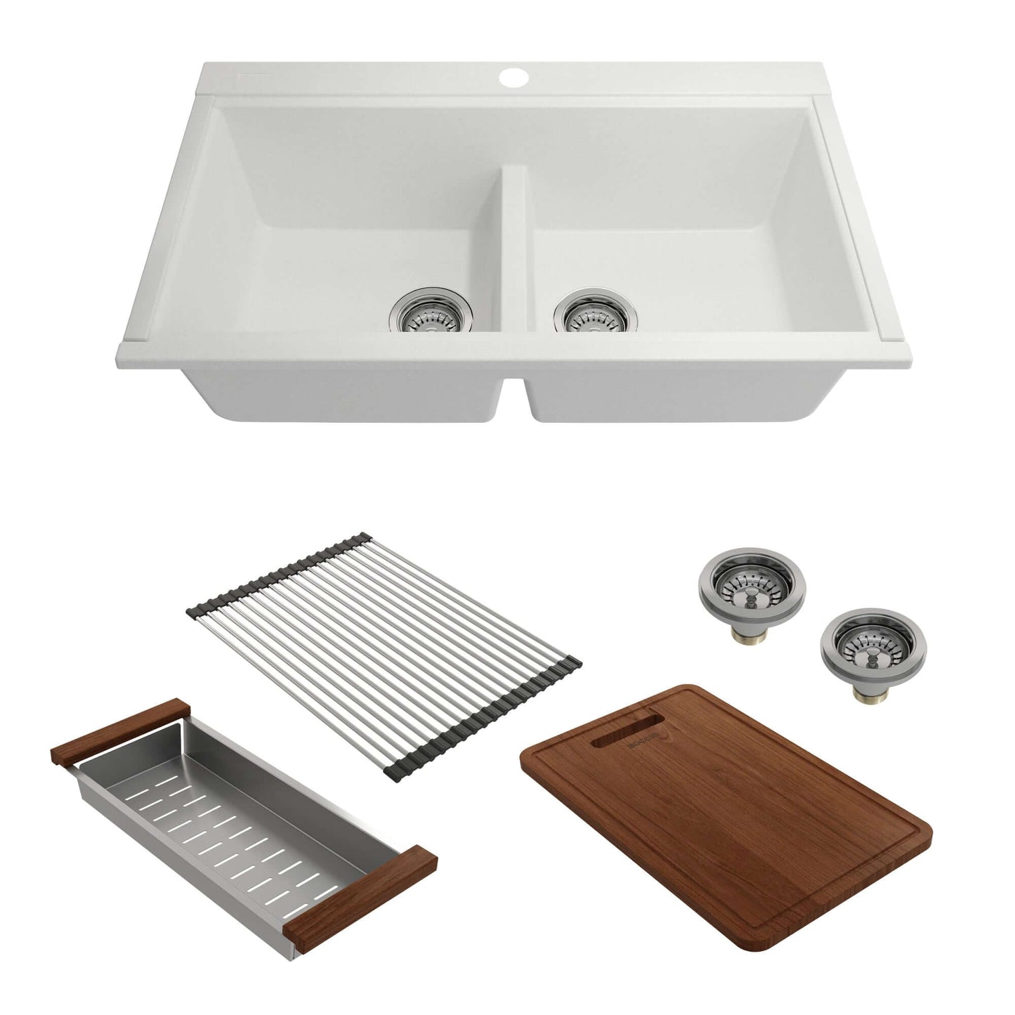 BOCCHI BAVENO LUX 34" Double Bowl Granite Composite Kitchen Sink with Integrated Workstation and Accessories in white.