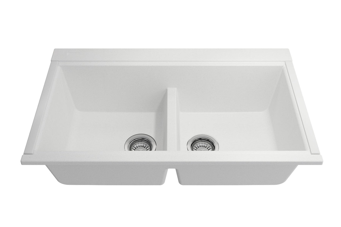 BOCCHI BAVENO LUX 34" Double Bowl Granite Composite Kitchen Sink with Integrated Workstation and Accessories in white finish.