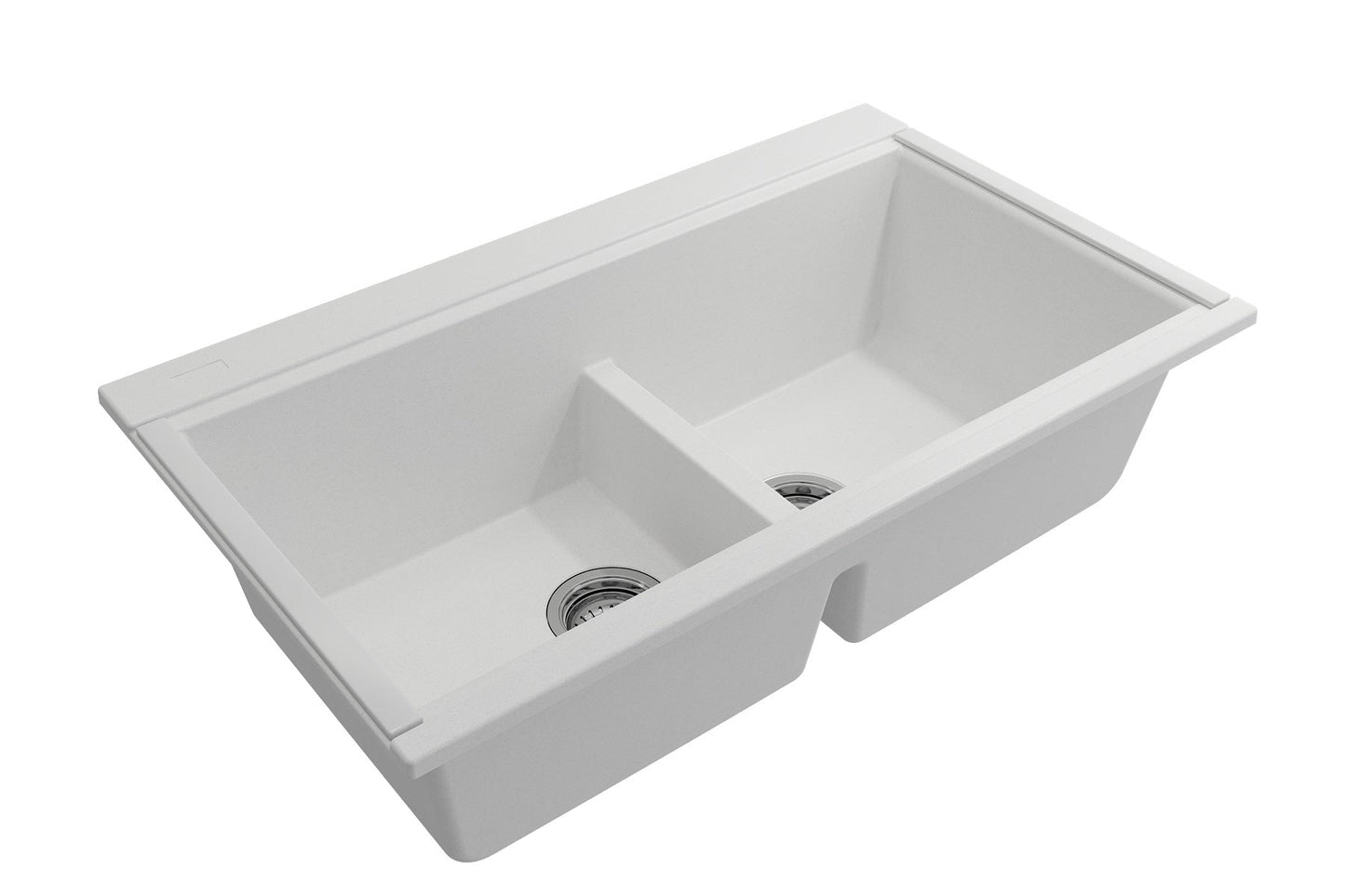 BOCCHI BAVENO LUX 34" Double Bowl Granite Composite Kitchen Sink with Integrated Workstation and Accessories in white finish.