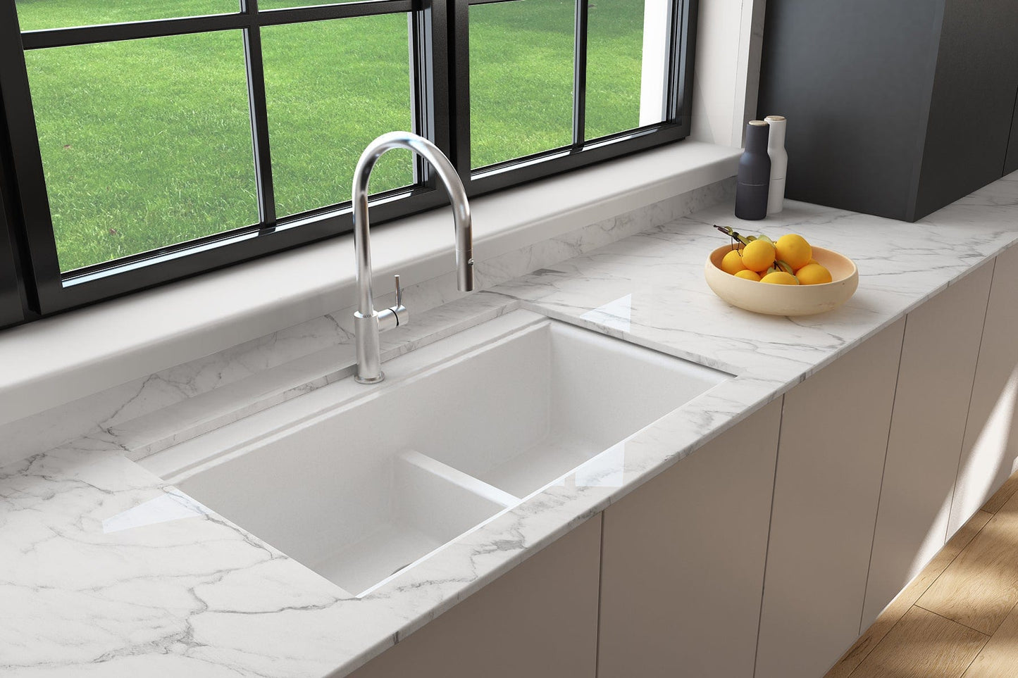 BOCCHI BAVENO LUX 34" Double Bowl Granite Composite Kitchen Sink with Integrated Workstation and Accessories in white finish.