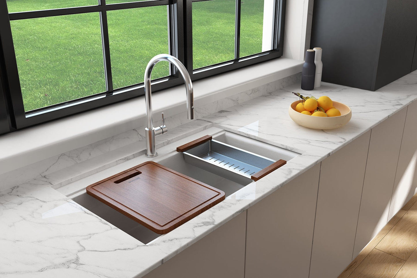 BOCCHI BAVENO LUX 34" Double Bowl Granite Composite Kitchen Sink with Integrated Workstation and Accessories in marble finish.