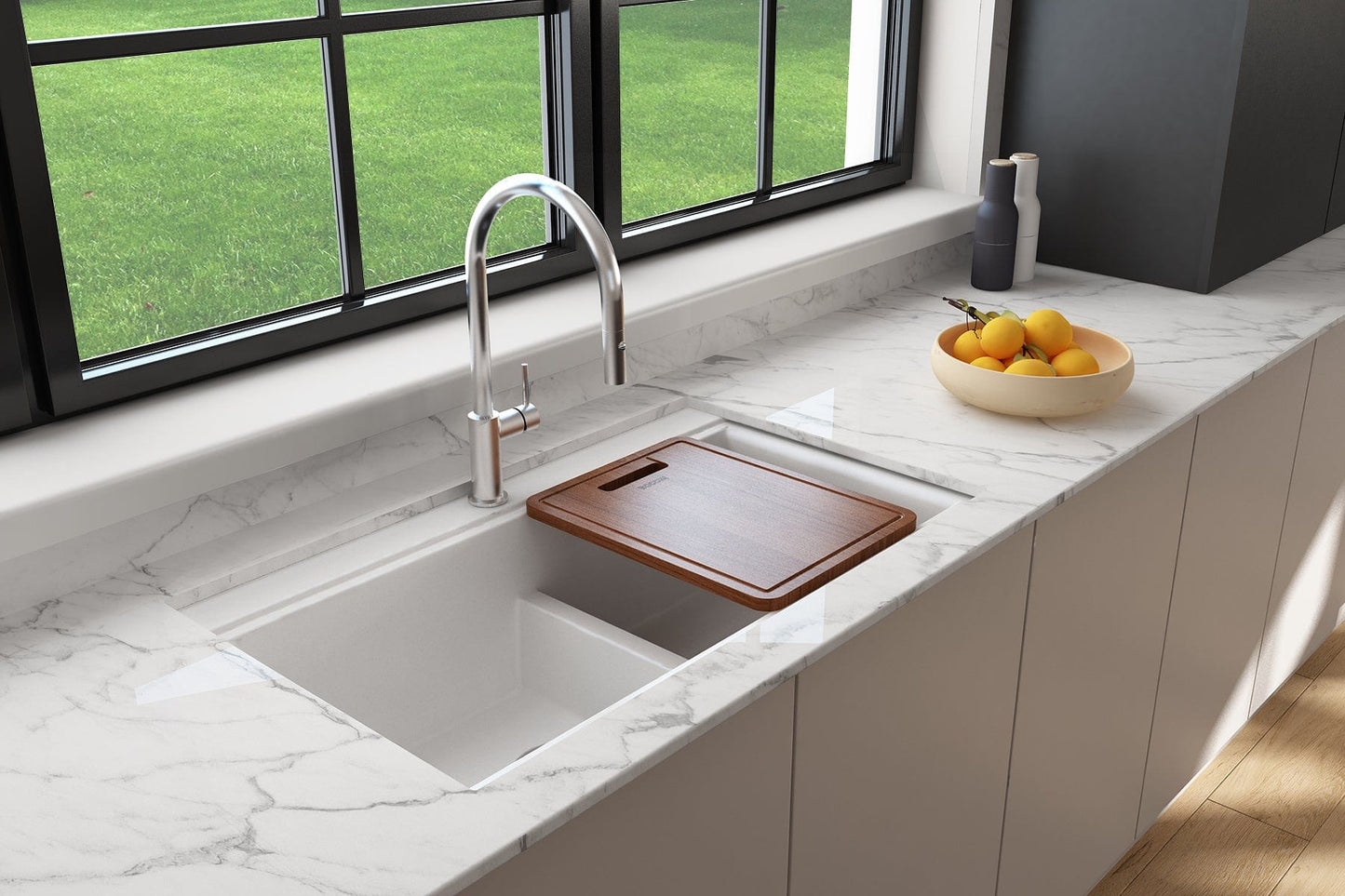BOCCHI BAVENO LUX 34" Double Bowl Granite Composite Kitchen Sink with Integrated Workstation and Accessories in Milk White with cutting board.