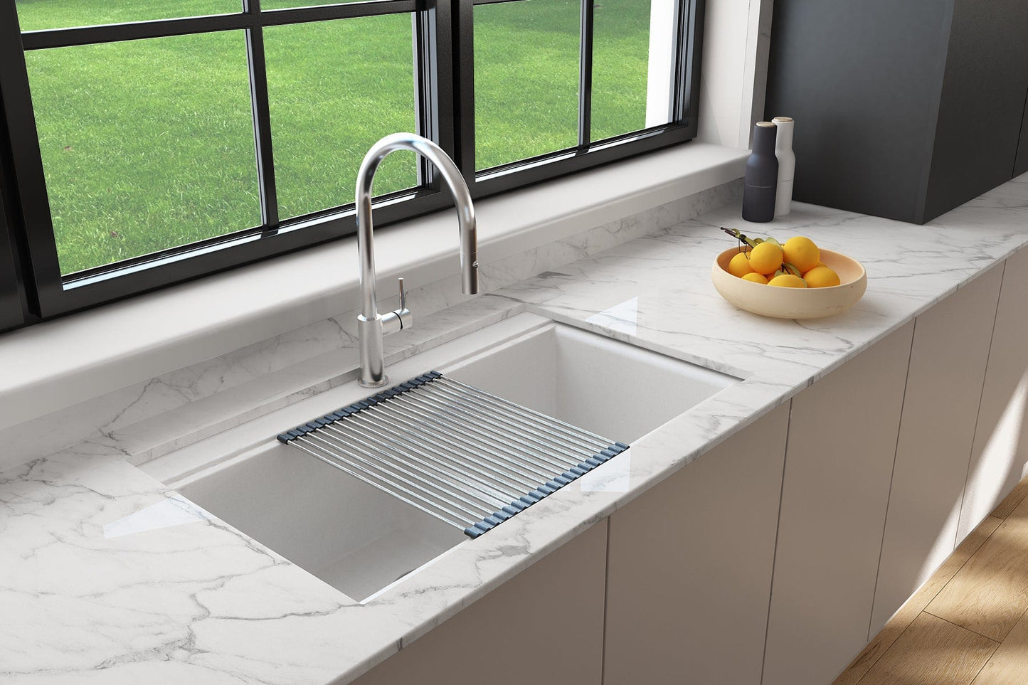 BOCCHI BAVENO LUX 34" Double Bowl Granite Composite Kitchen Sink with Integrated Workstation and Accessories in a modern kitchen setting.