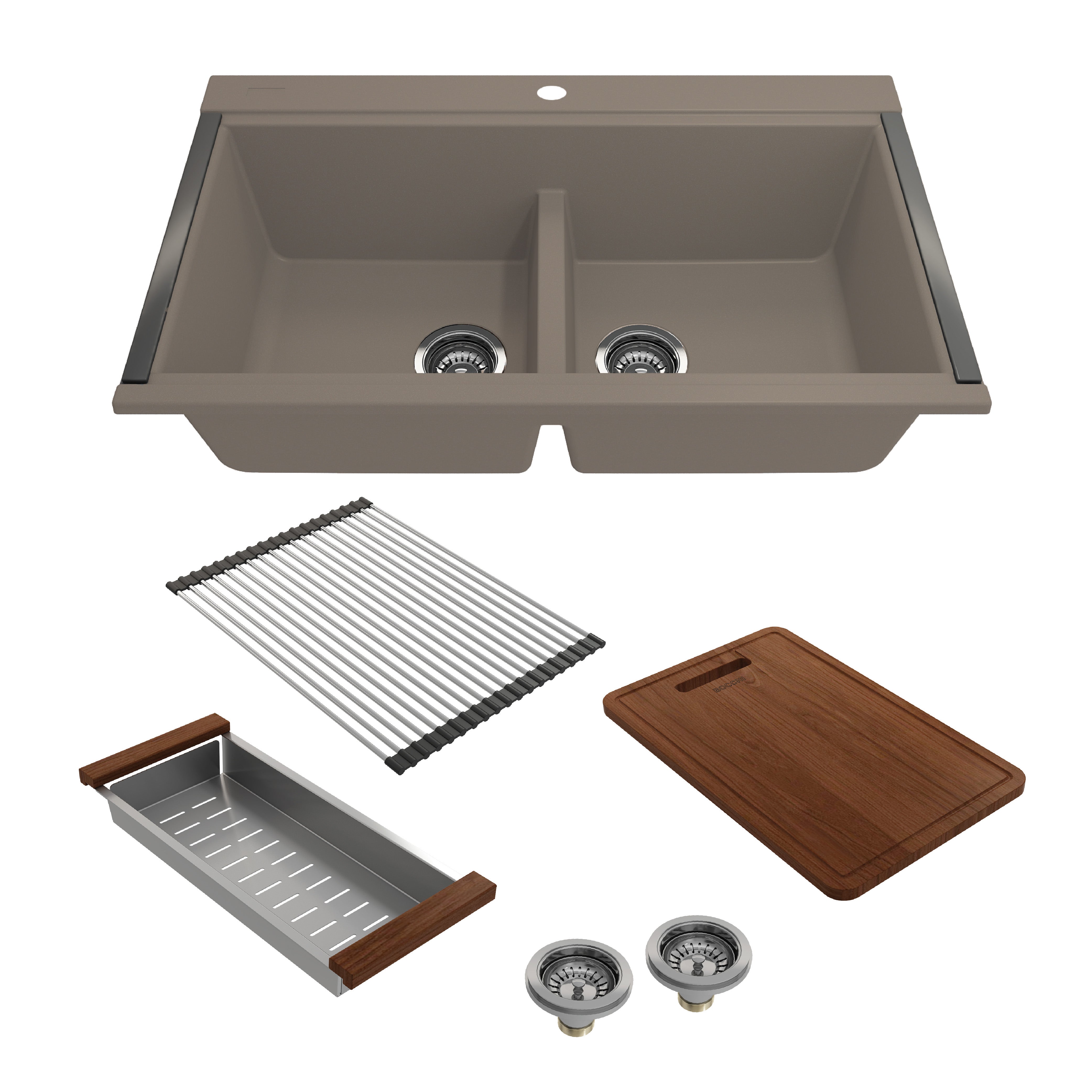 BOCCHI BAVENO LUX 34" Double Bowl Granite Composite Kitchen Sink showing included Accessories - in Mink color.