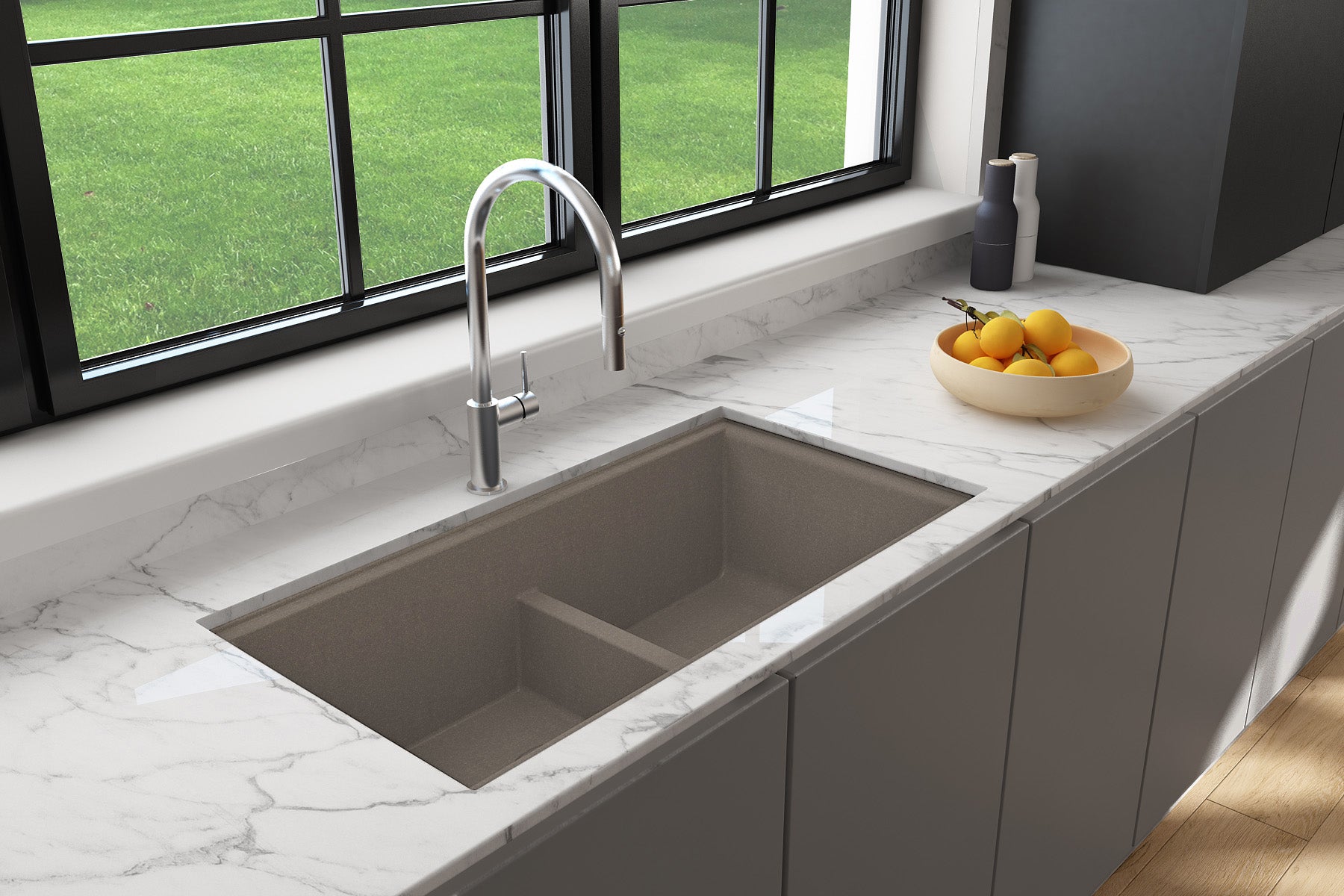 Lifestyle image of BOCCHI BAVENO LUX 34" Double Bowl Granite Composite Kitchen Sink with Integrated Workstation and Accessories in Mink color.