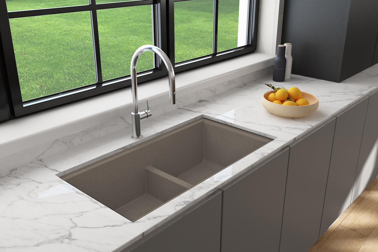 Lifestyle image of BOCCHI BAVENO LUX 34" Double Bowl Granite Composite Kitchen Sink with Integrated Workstation and Accessories in Mink color.