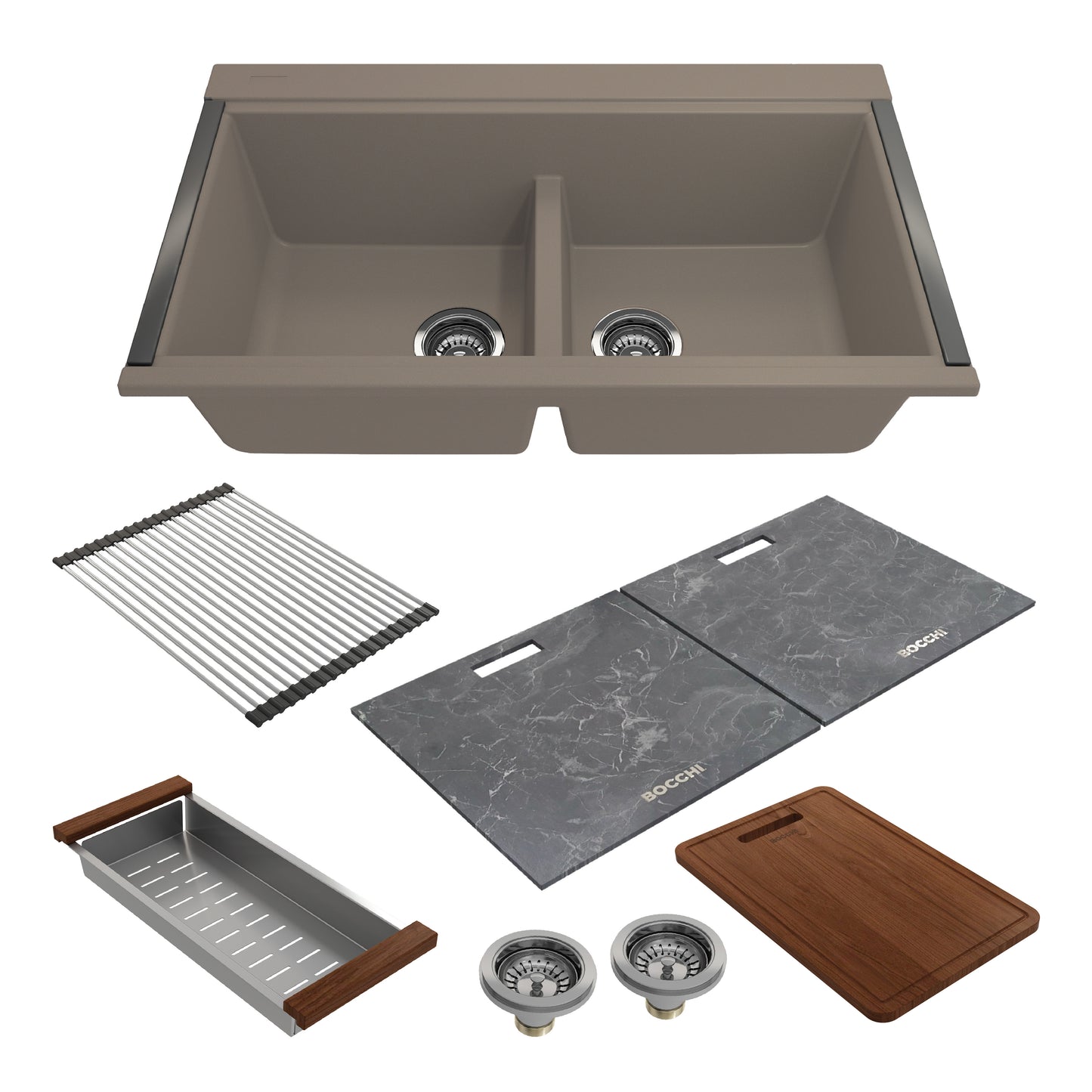 BOCCHI BAVENO LUX 34" Double Bowl Granite Composite Kitchen Sink with Integrated Workstation and Accessories with Covers - image showing sink, covers and accessories.