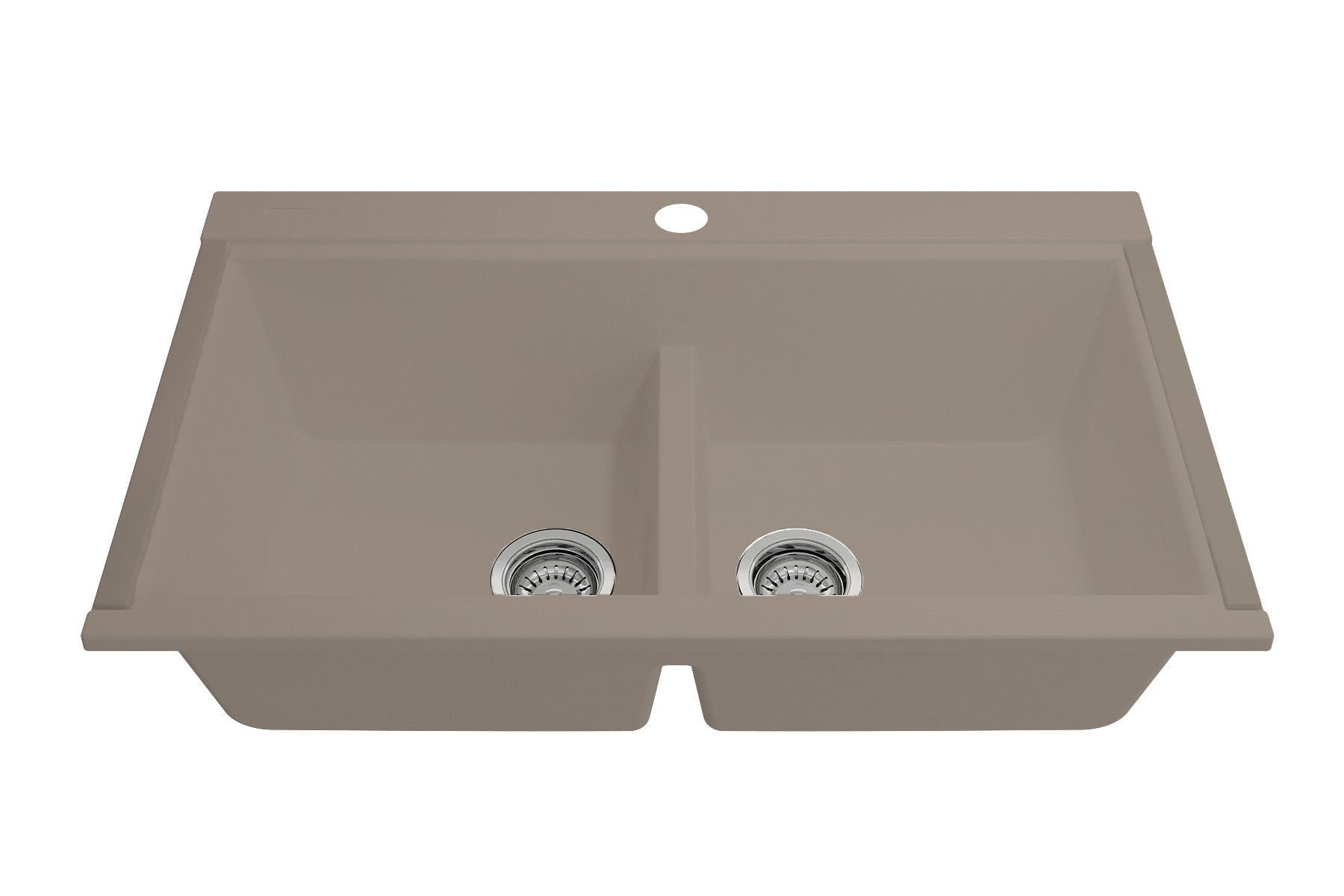 BOCCHI BAVENO LUX 34" Double Bowl Granite Composite Kitchen Sink with Integrated Workstation and Accessories - Mink color front perspective.