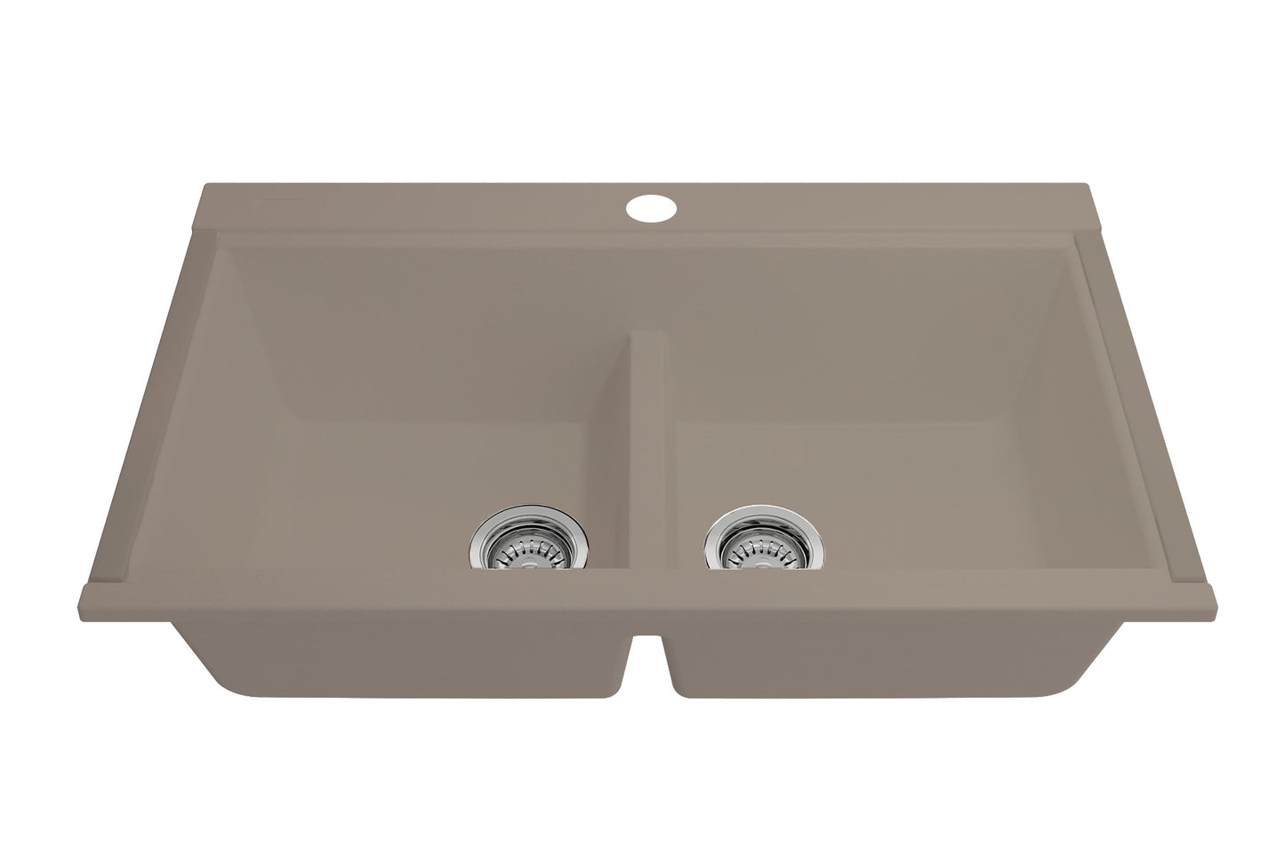 BOCCHI BAVENO LUX 34" Double Bowl Granite Composite Kitchen Sink with Integrated Workstation and Accessories - Mink color front perspective.